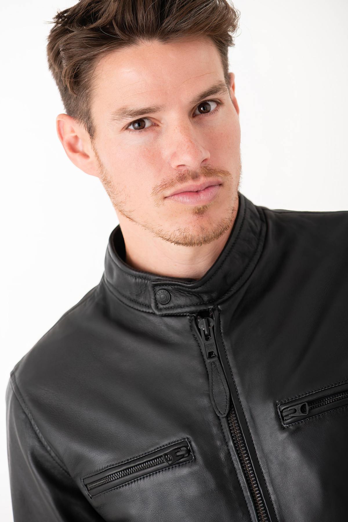 Navy lambskin biker jacket - Image n°9