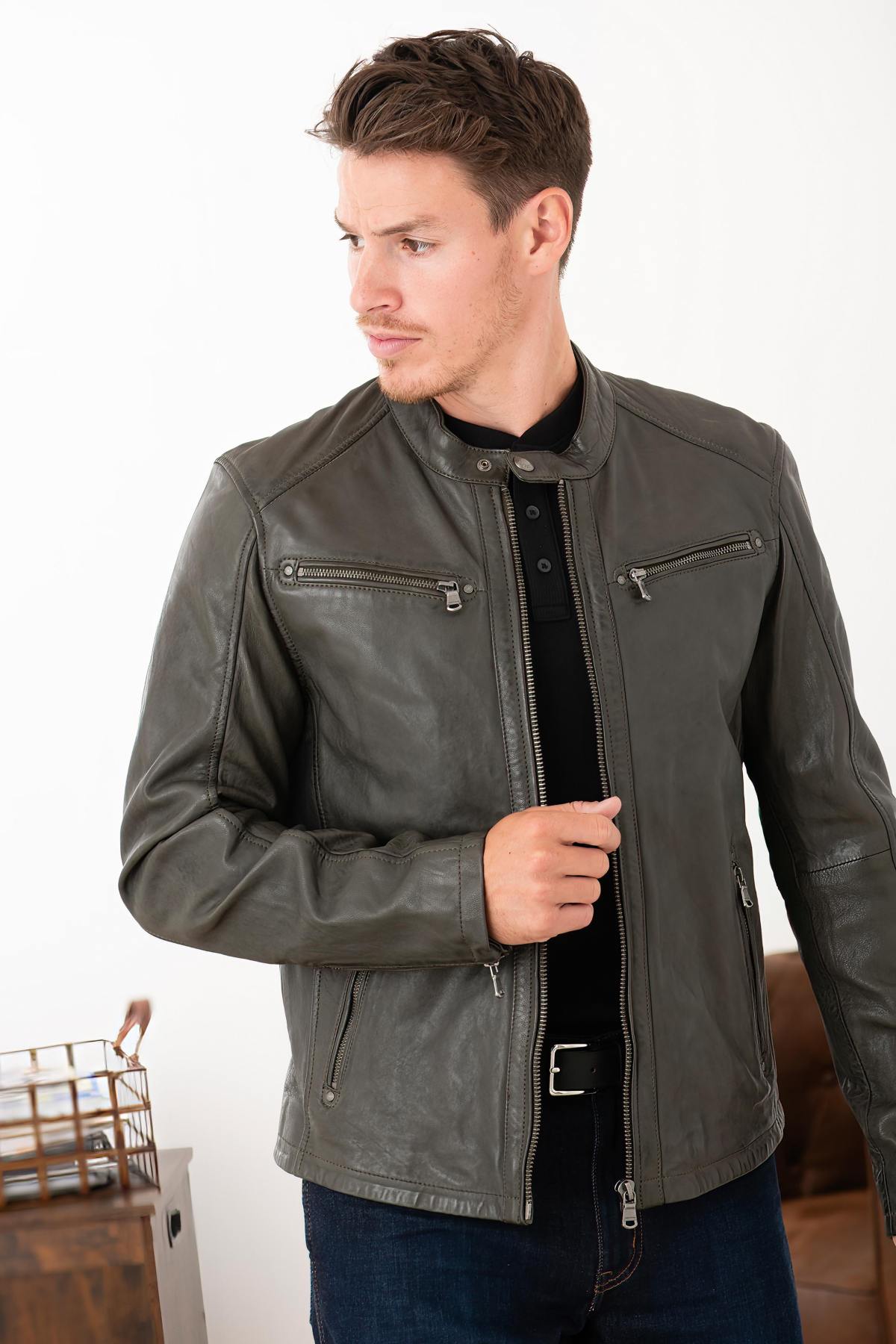 Men’s khaki vegetable leather jacket with biker collar - Image n°1