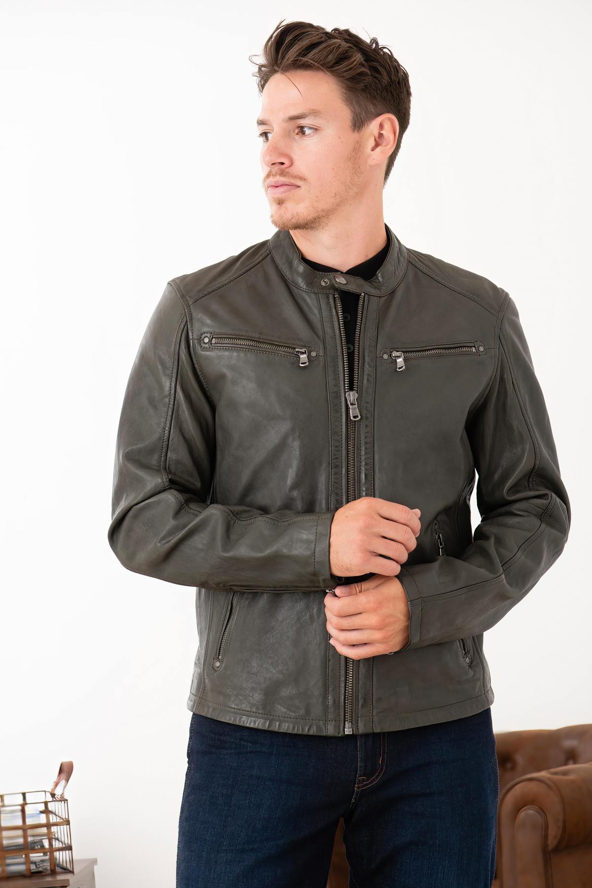 Men’s khaki vegetable leather jacket with biker collar - Image n°8