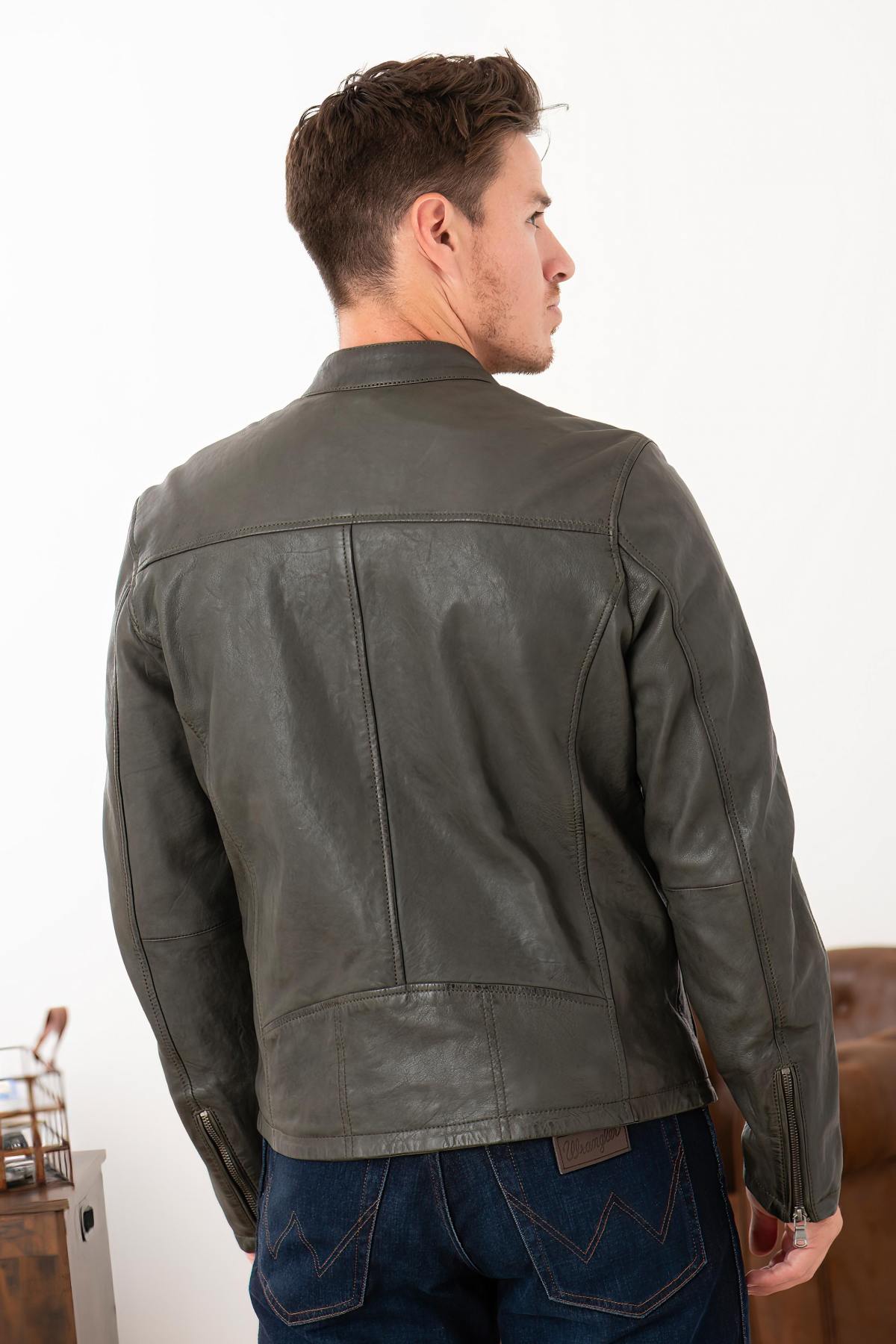 Men’s khaki vegetable leather jacket with biker collar - Image n°2