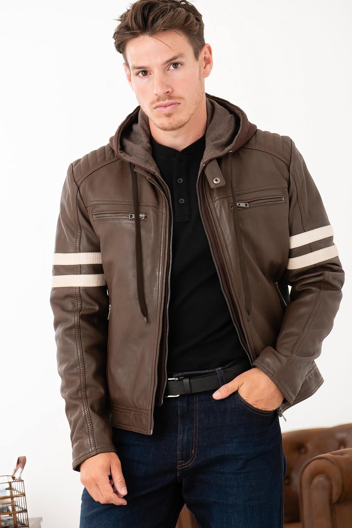 Leather jacket with biker collar and removable hood - Image n°1