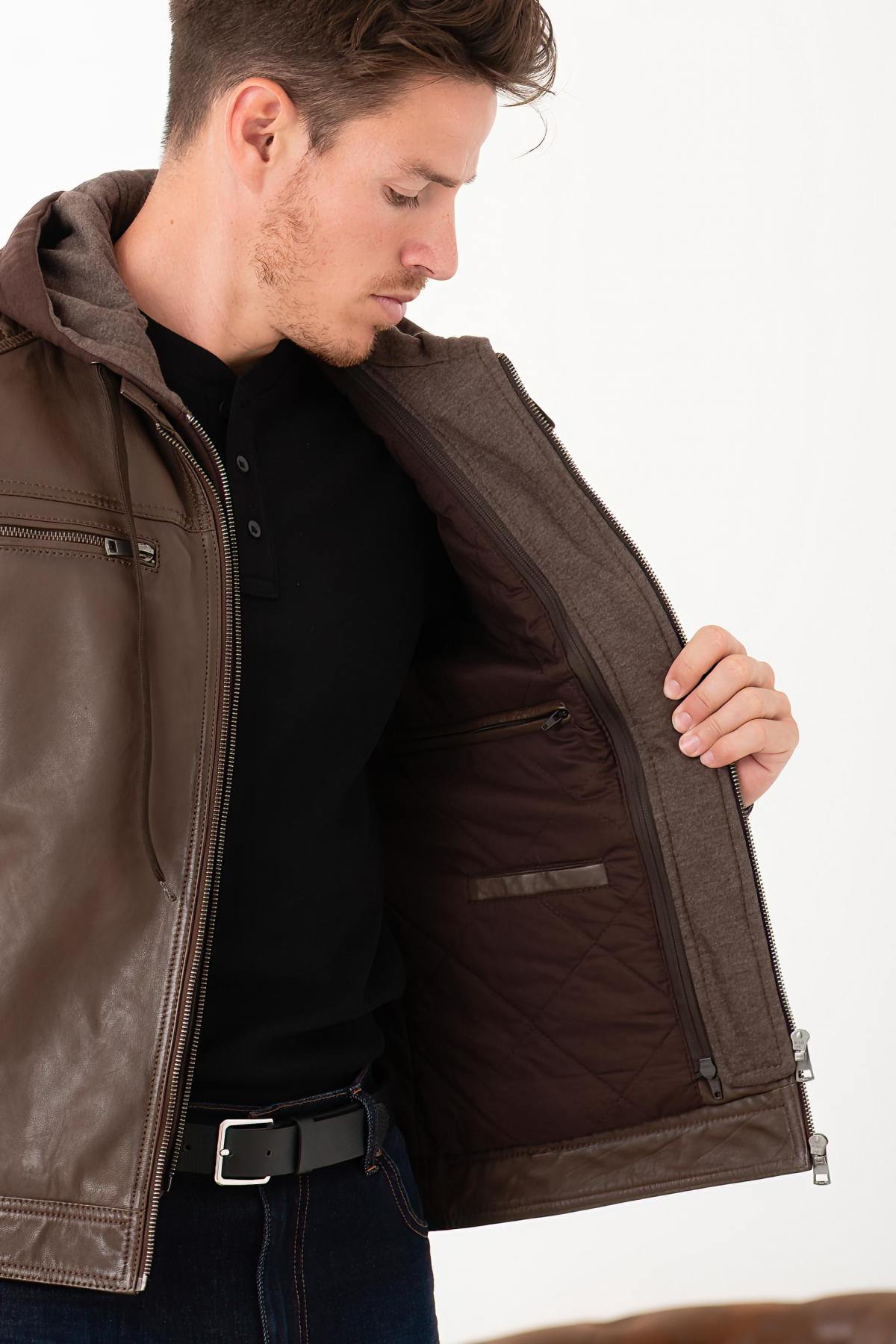 Leather jacket with biker collar and removable hood - Image n°6