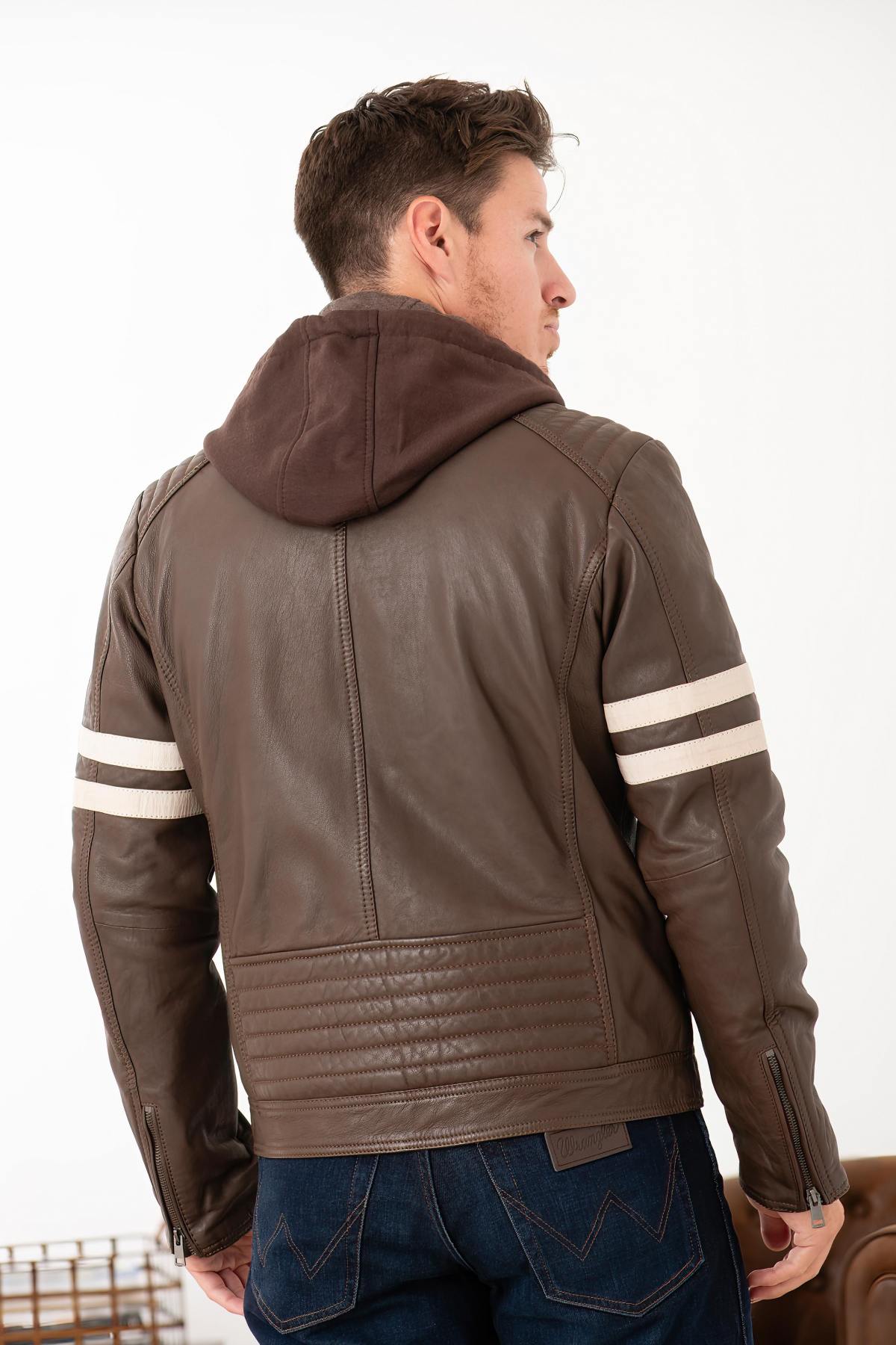 Leather jacket with biker collar and removable hood - Image n°4