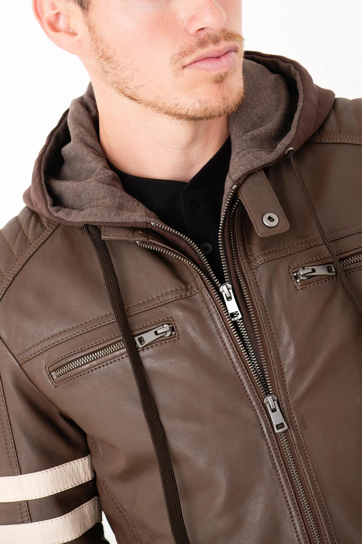 Leather jacket with biker collar and removable hood - Image n°5