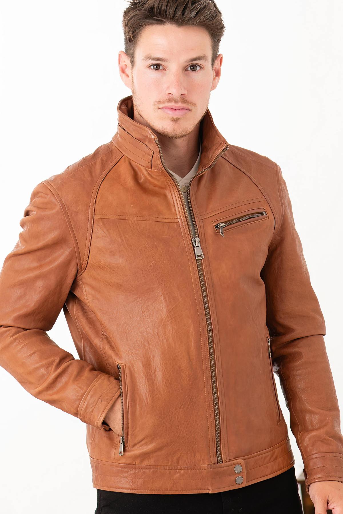 Vegetable-tanned high-neck leather jacket - Image n°4