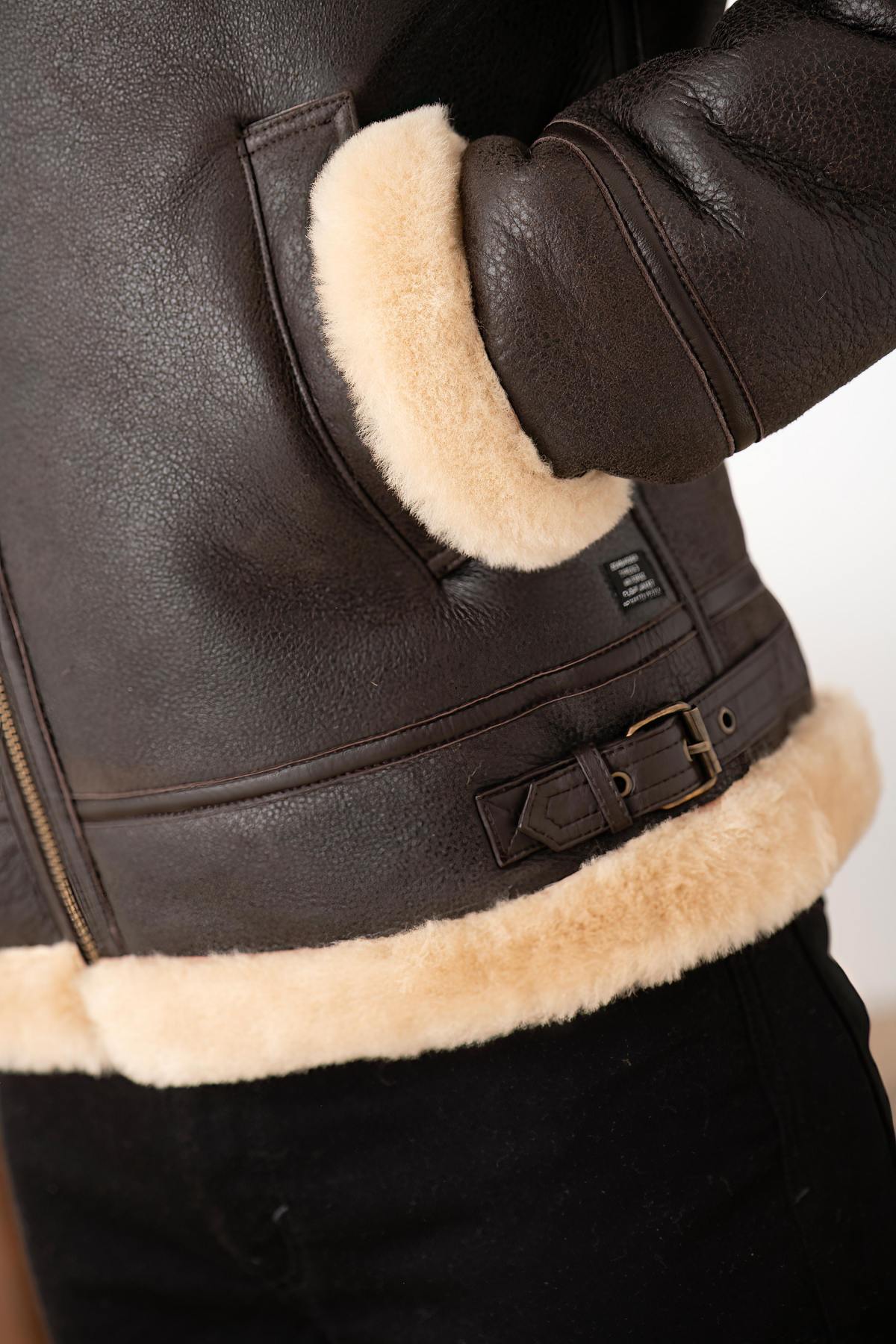 Brown and beige shearling bomber jacket - Image n°5