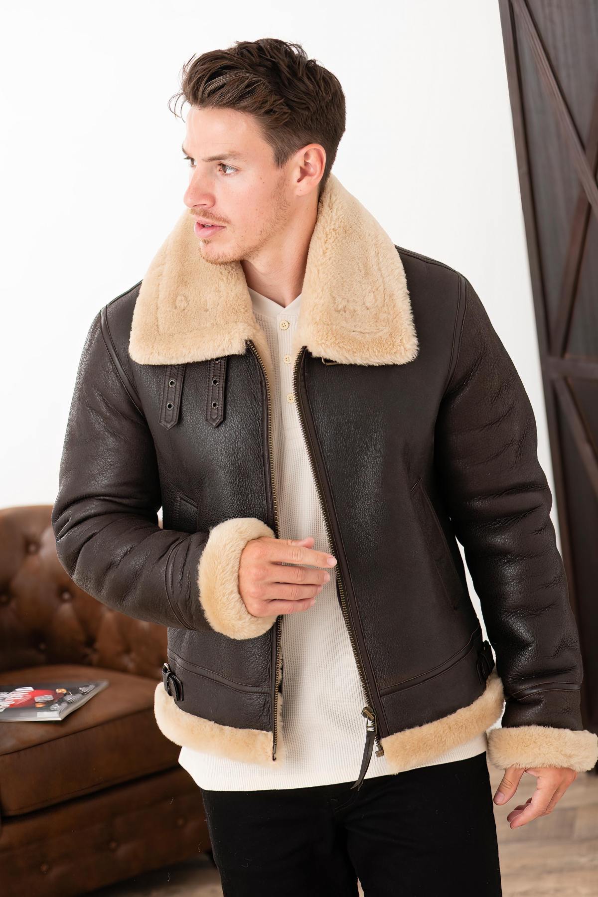 Brown and beige shearling bomber jacket - Image n°1