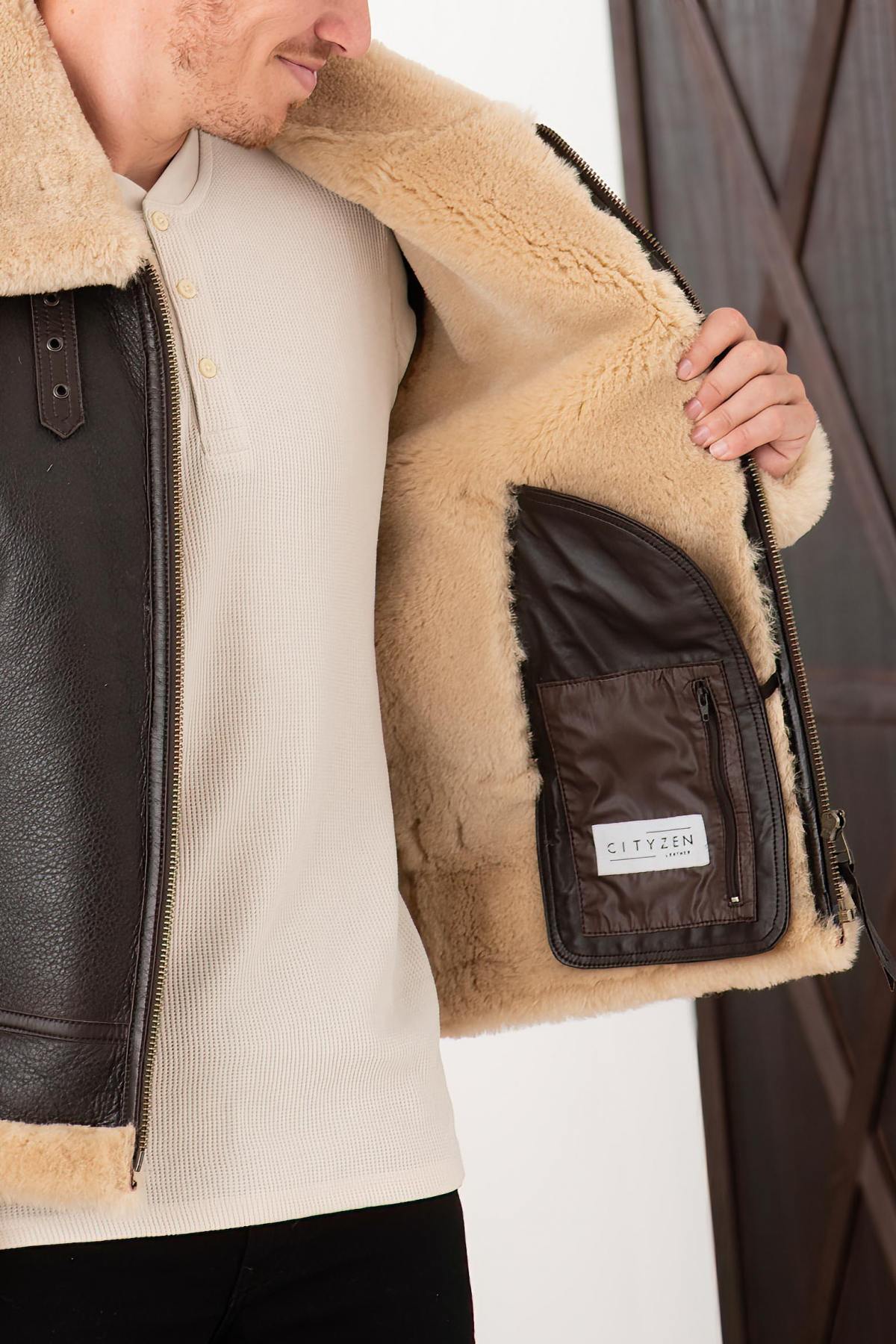 Brown and beige shearling bomber jacket - Image n°6