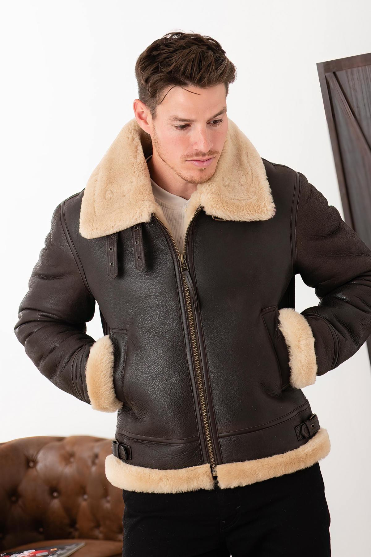 Brown and beige shearling bomber jacket - Image n°4