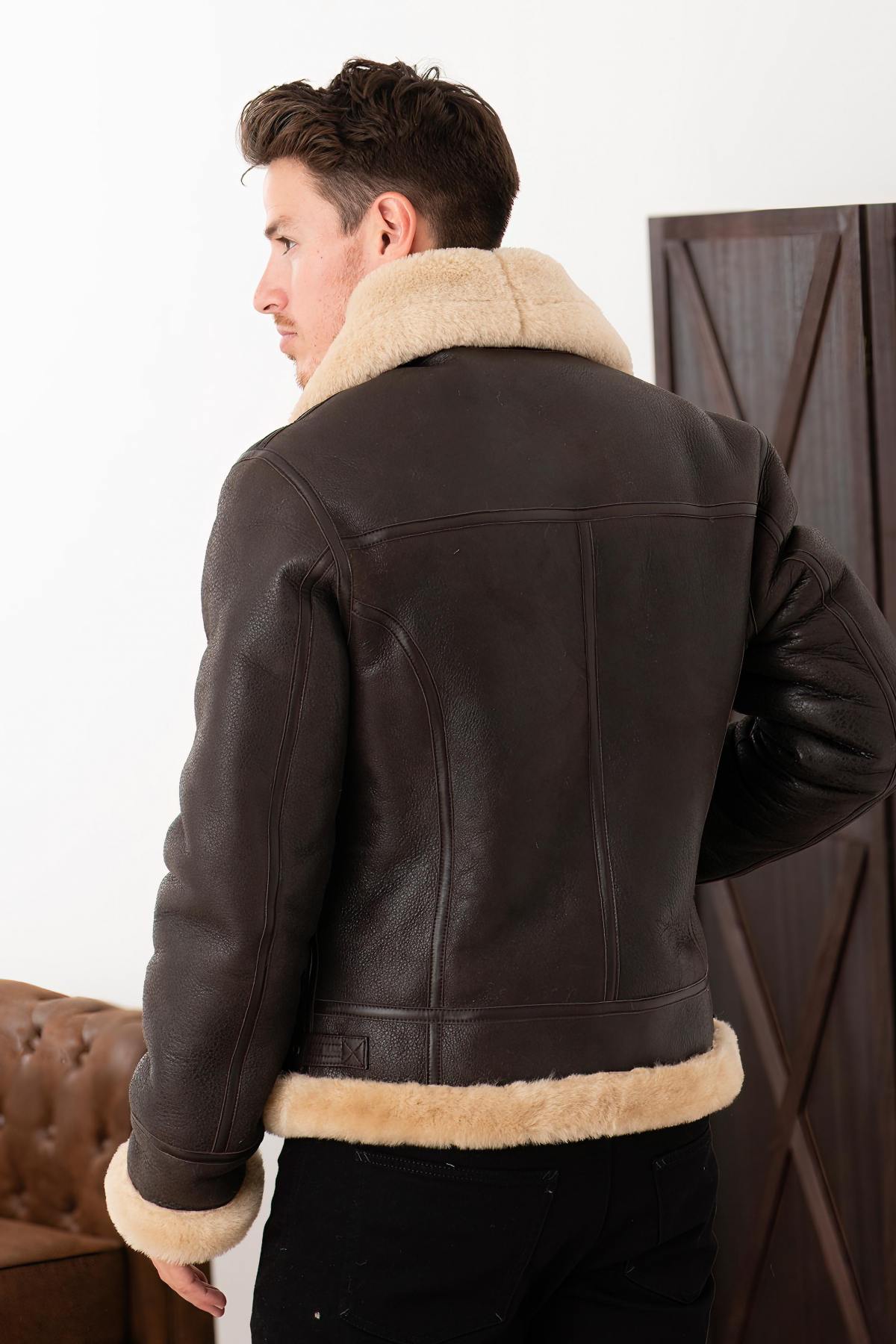 Brown and beige shearling bomber jacket - Image n°2