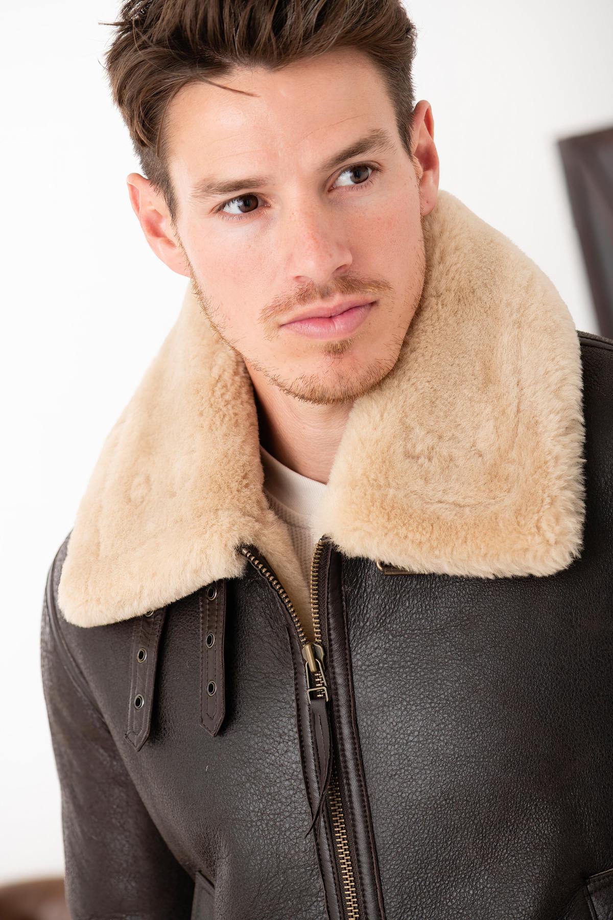 Brown and beige shearling bomber jacket - Image n°7