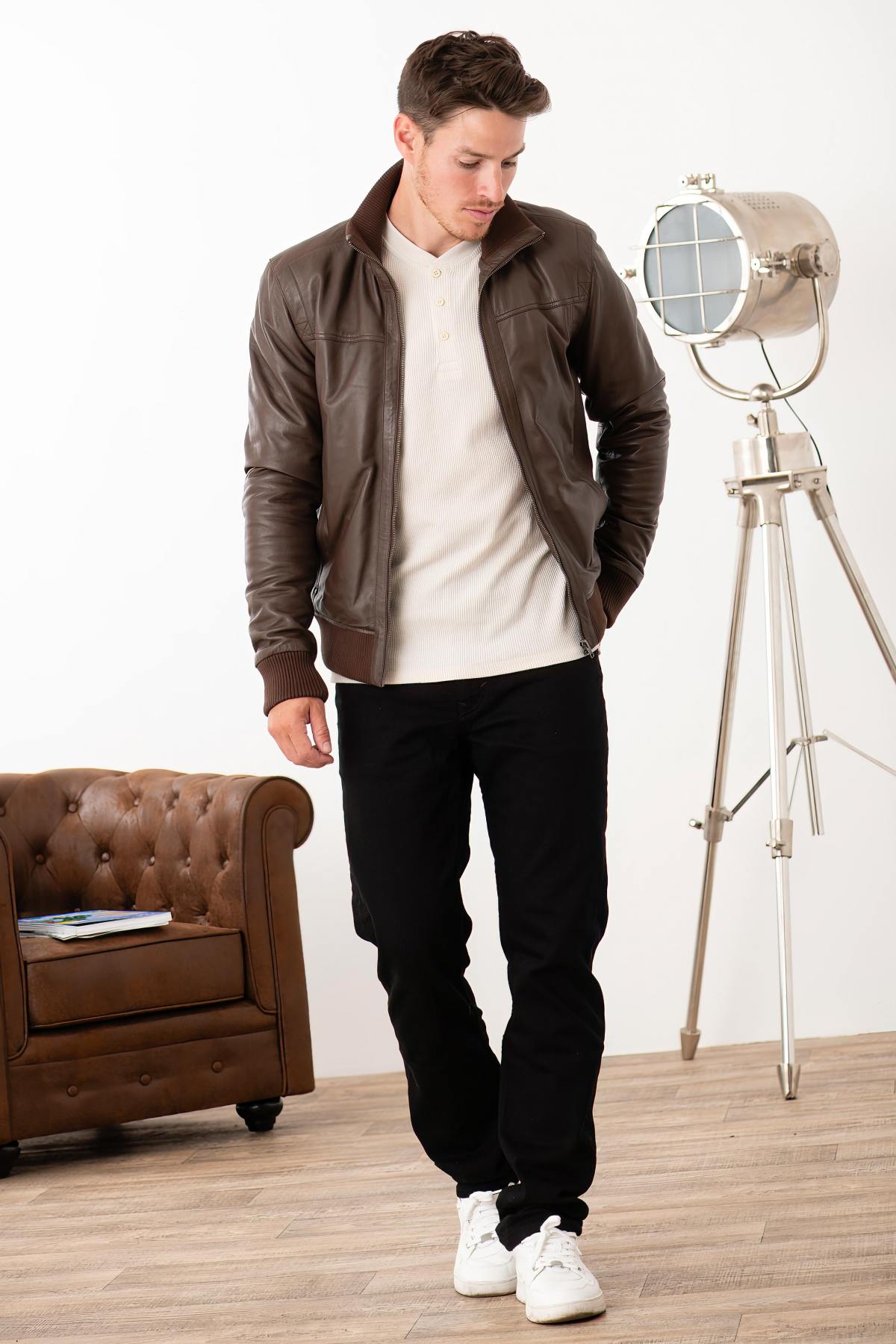 Genuine leather jacket with ribbing - Image n°5