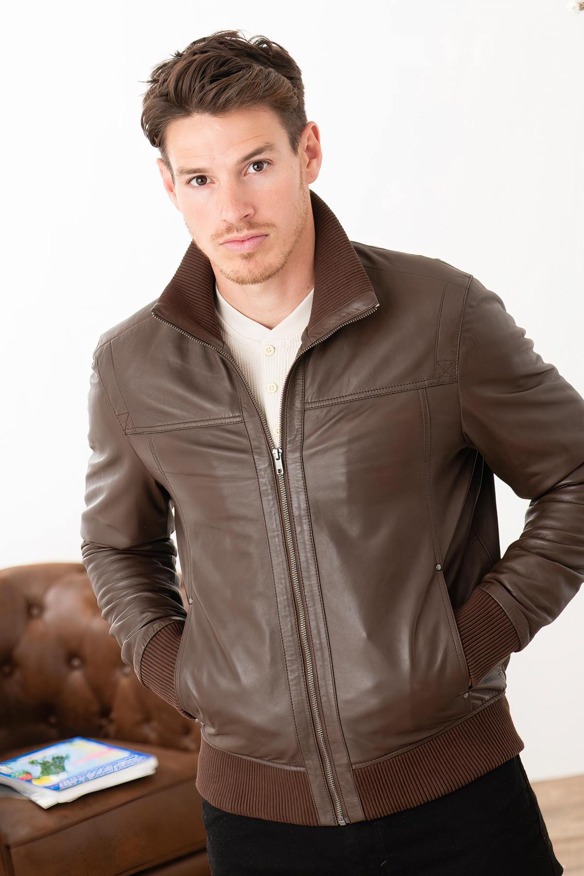 Genuine leather jacket with ribbing - Image n°4