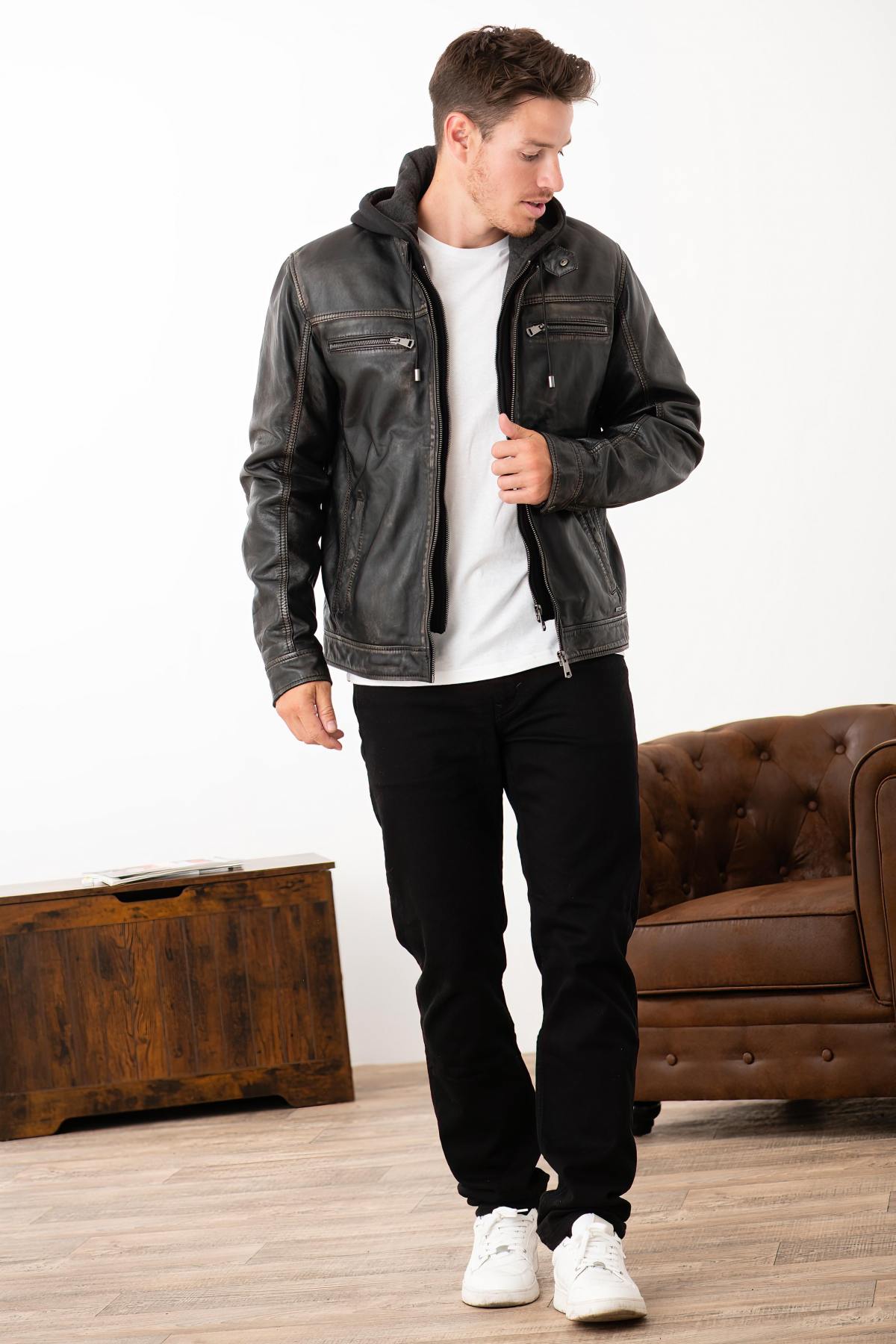 Distressed hooded leather jacket - Image n°6