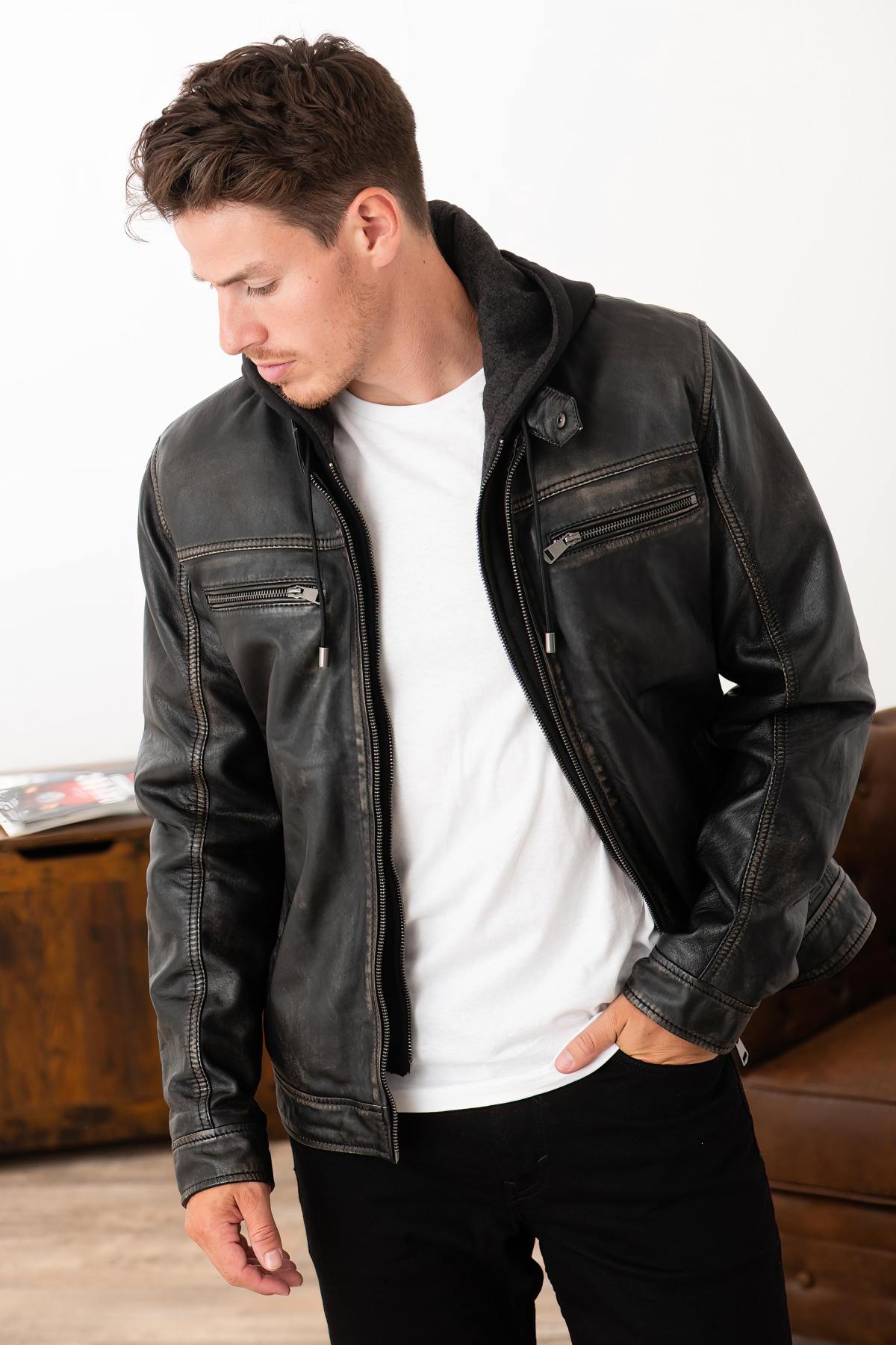 Distressed hooded leather jacket - Image n°1