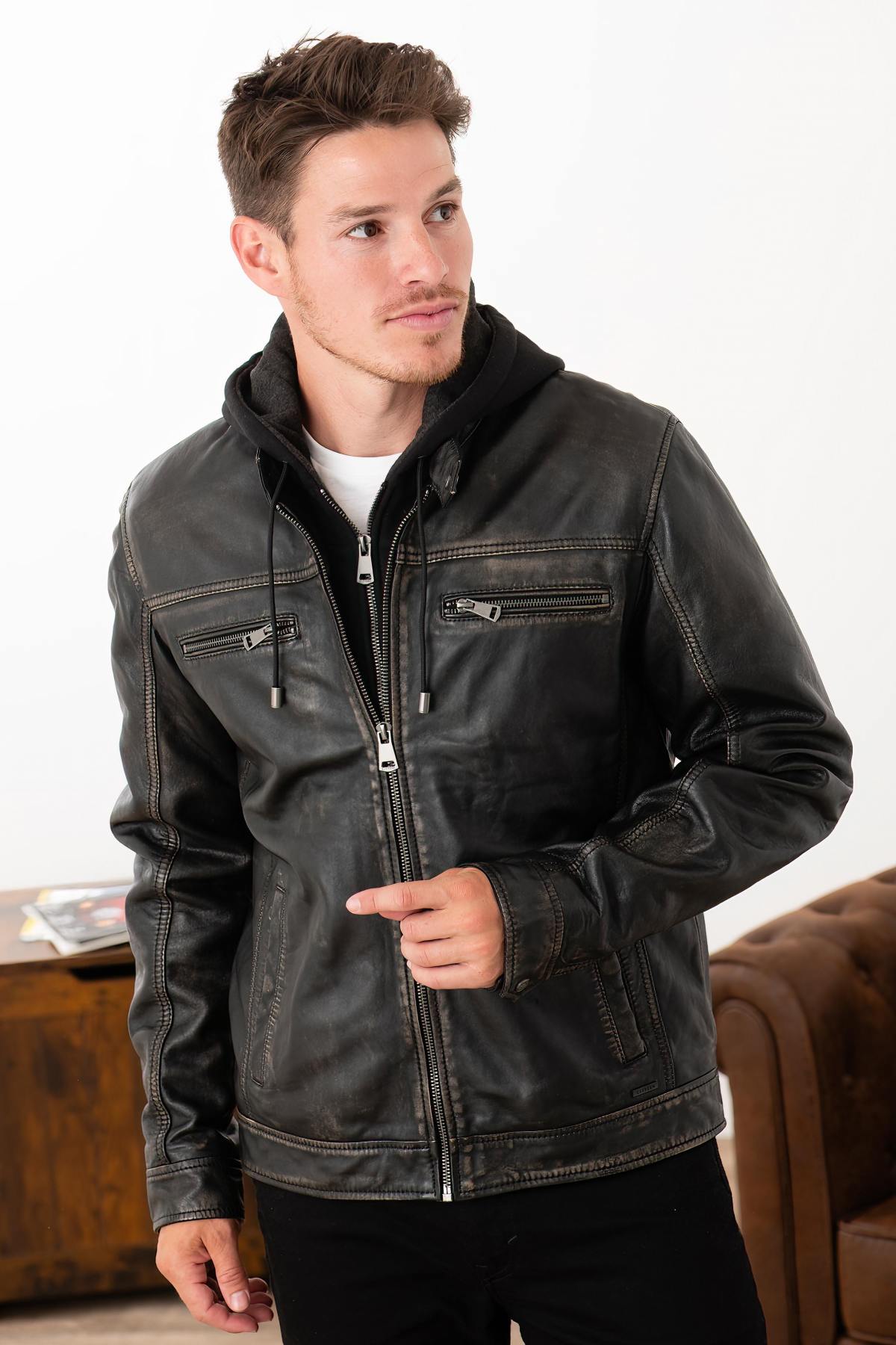 Distressed hooded leather jacket - Image n°5