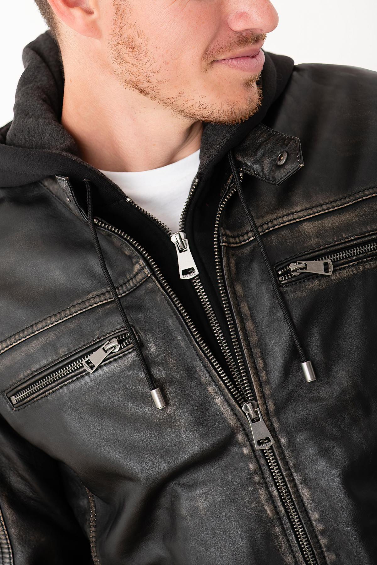 Distressed hooded leather jacket - Image n°2