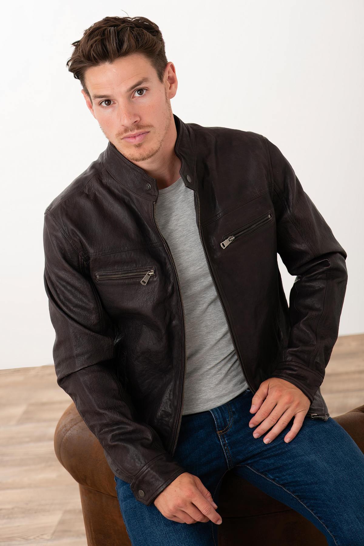 Vegetable-tanned leather jacket with biker collar - Image n°1