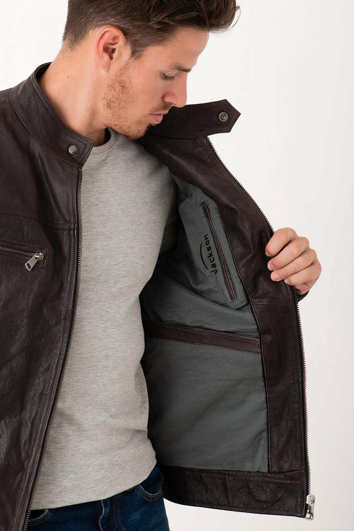 Vegetable-tanned leather jacket with biker collar - Image n°7