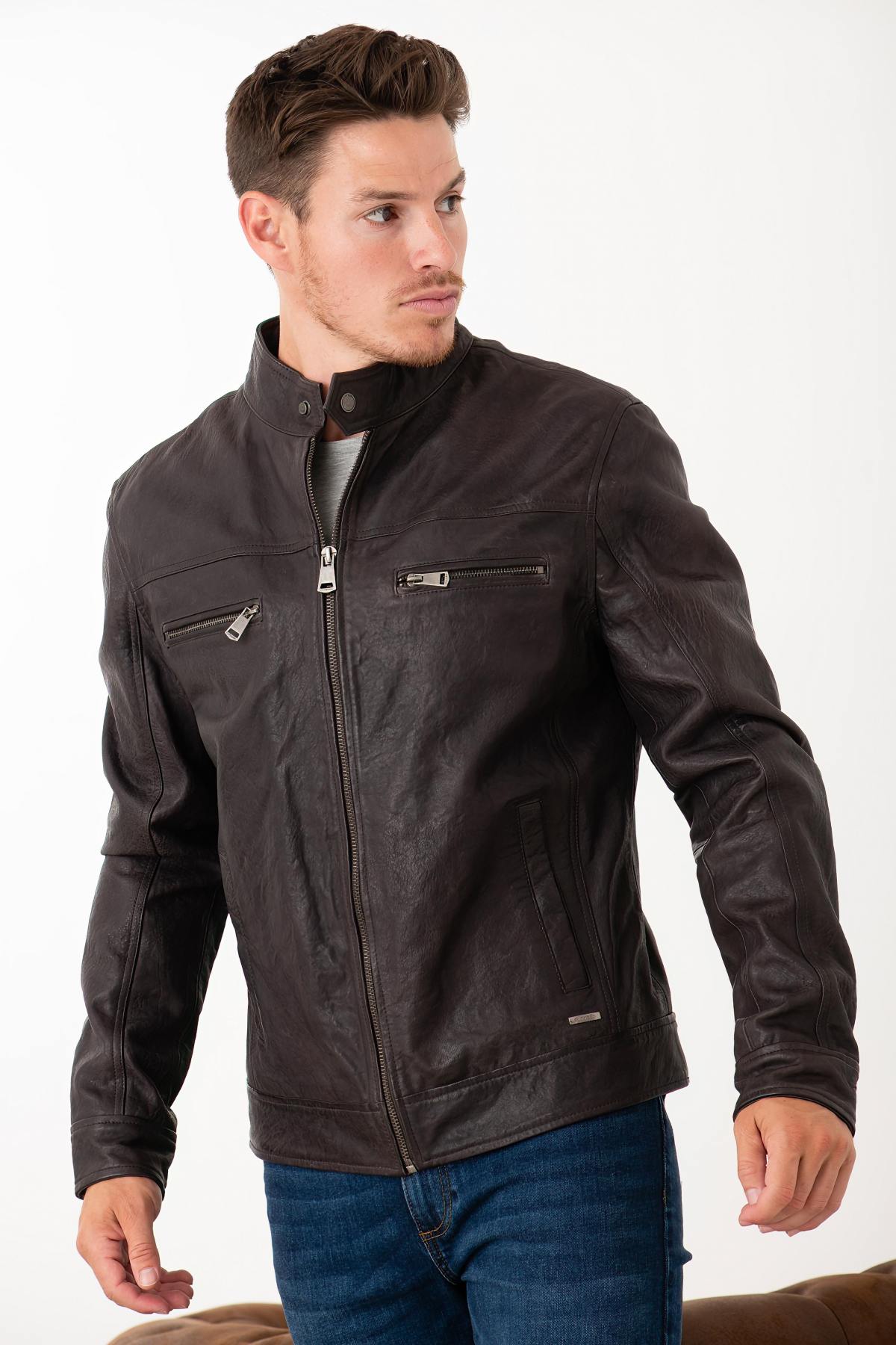 Vegetable-tanned leather jacket with biker collar - Image n°3