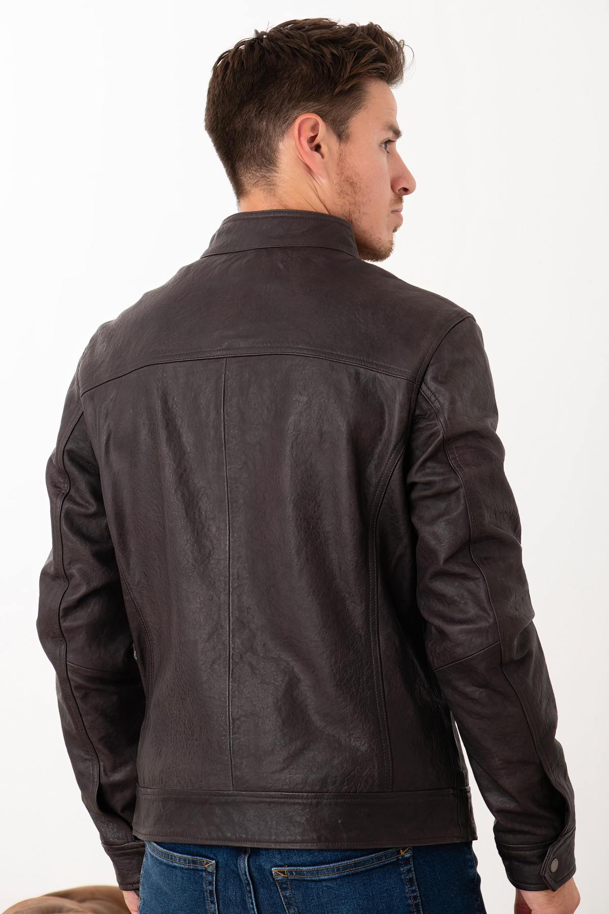 Vegetable-tanned leather jacket with biker collar - Image n°4