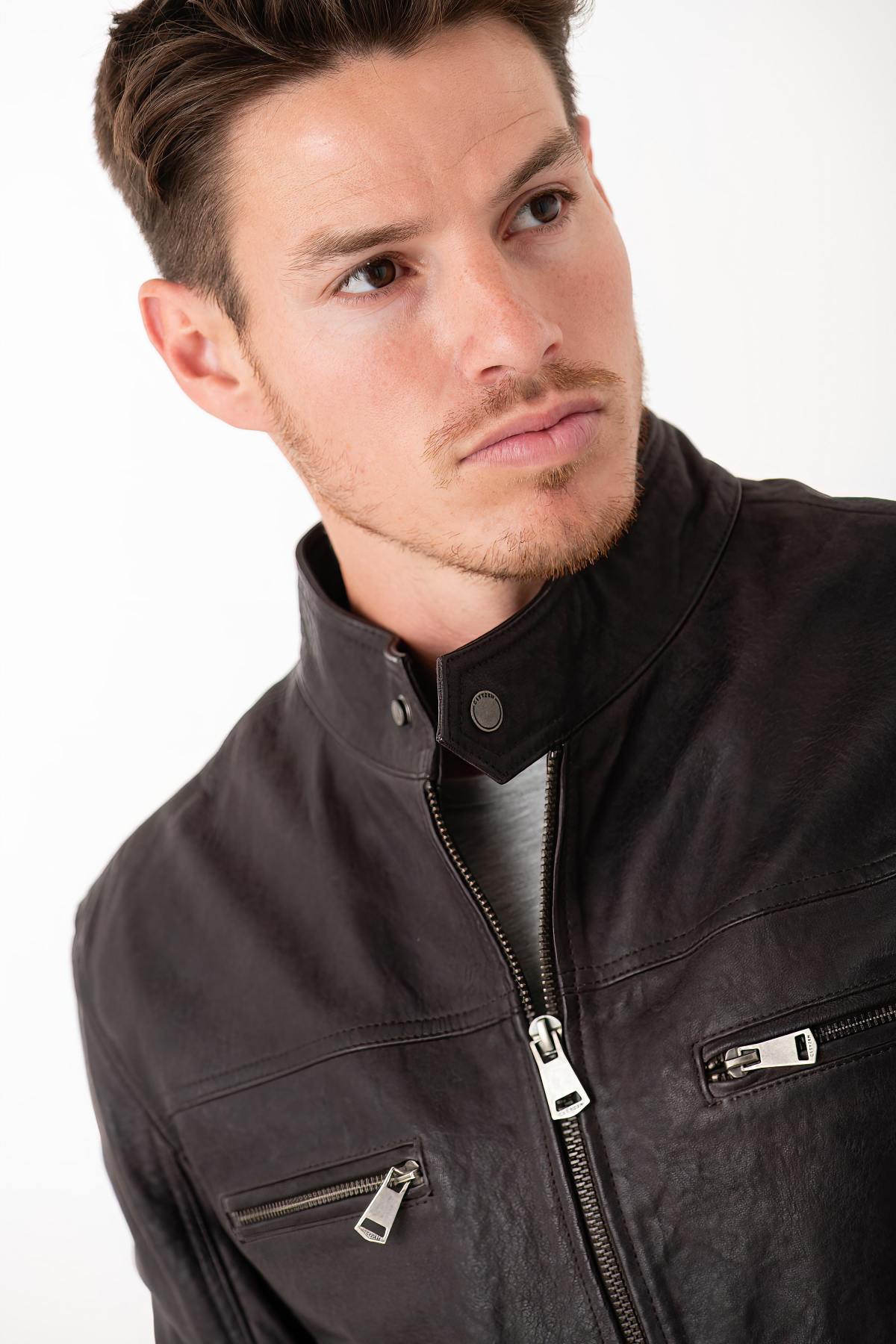 Vegetable-tanned leather jacket with biker collar - Image n°6