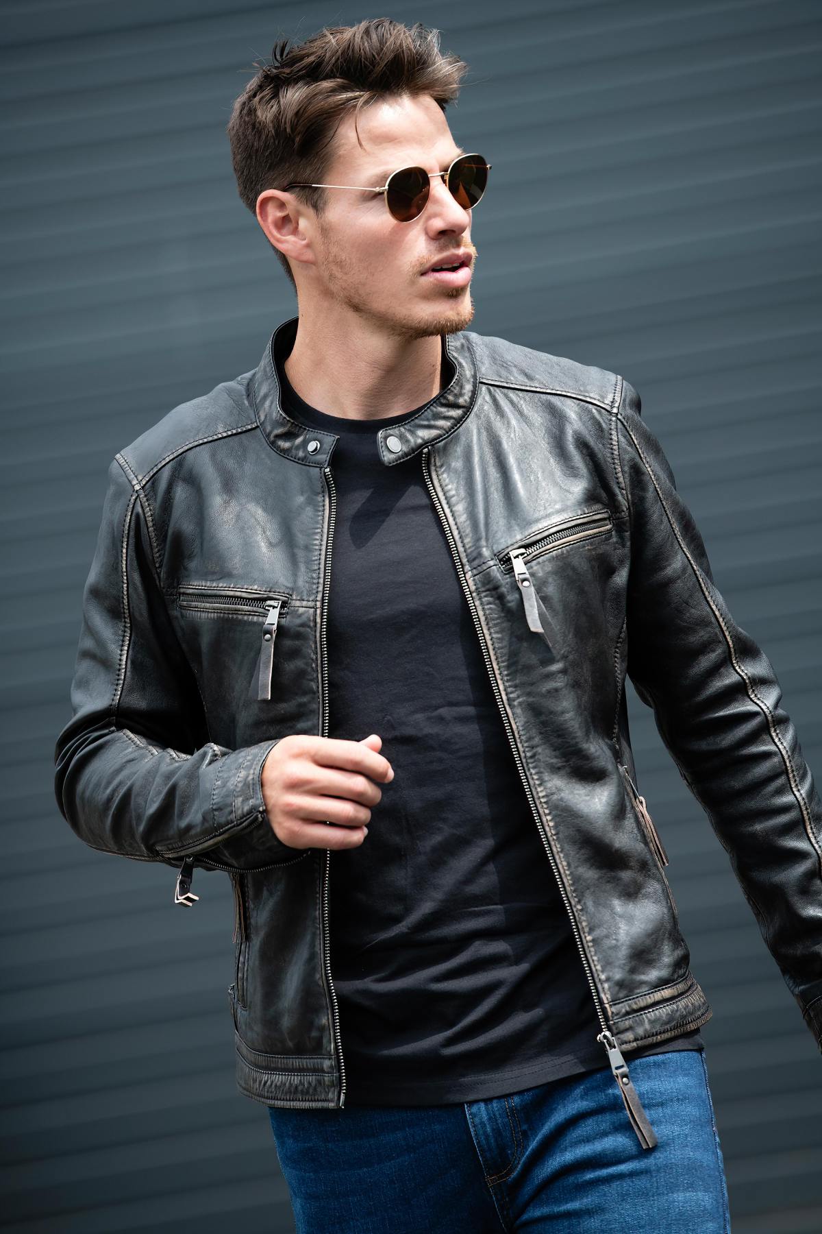 Distressed leather biker collar jacket - Image n°1