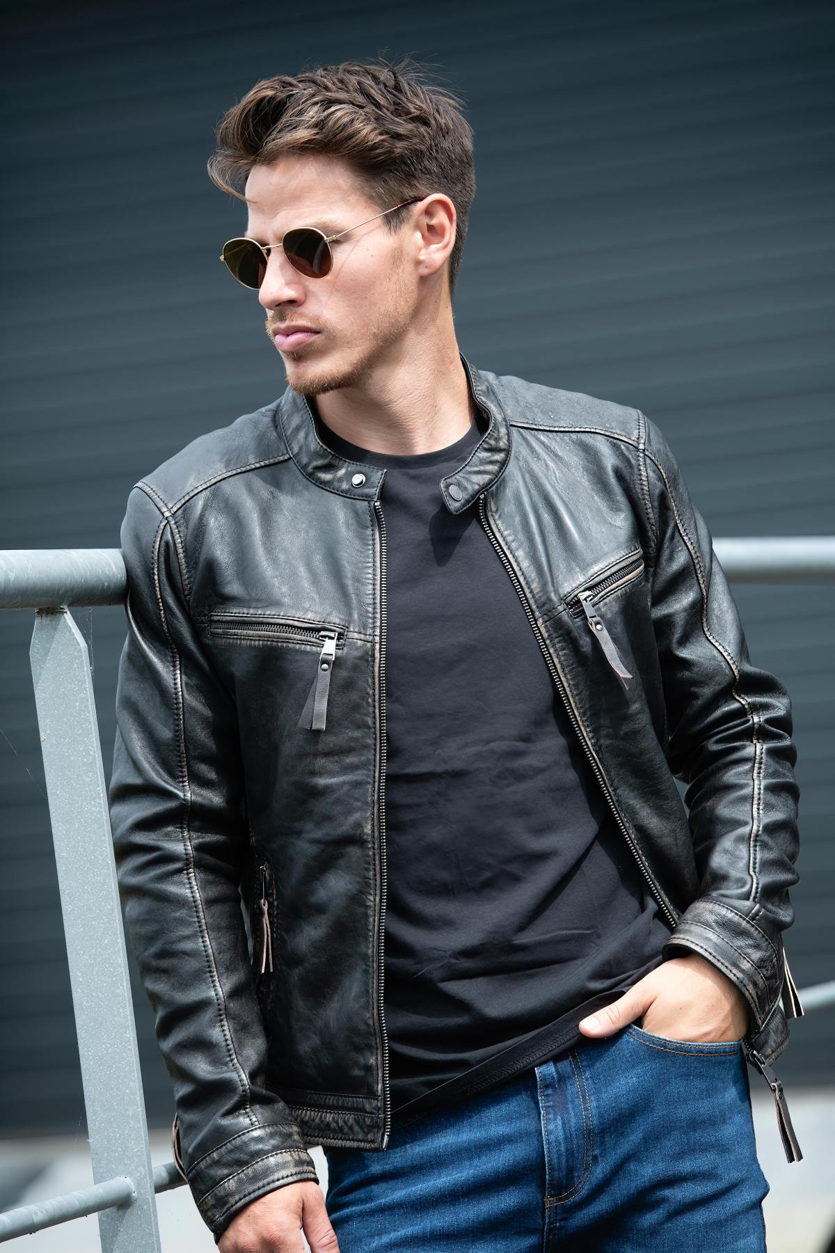 Distressed leather biker collar jacket - Image n°8