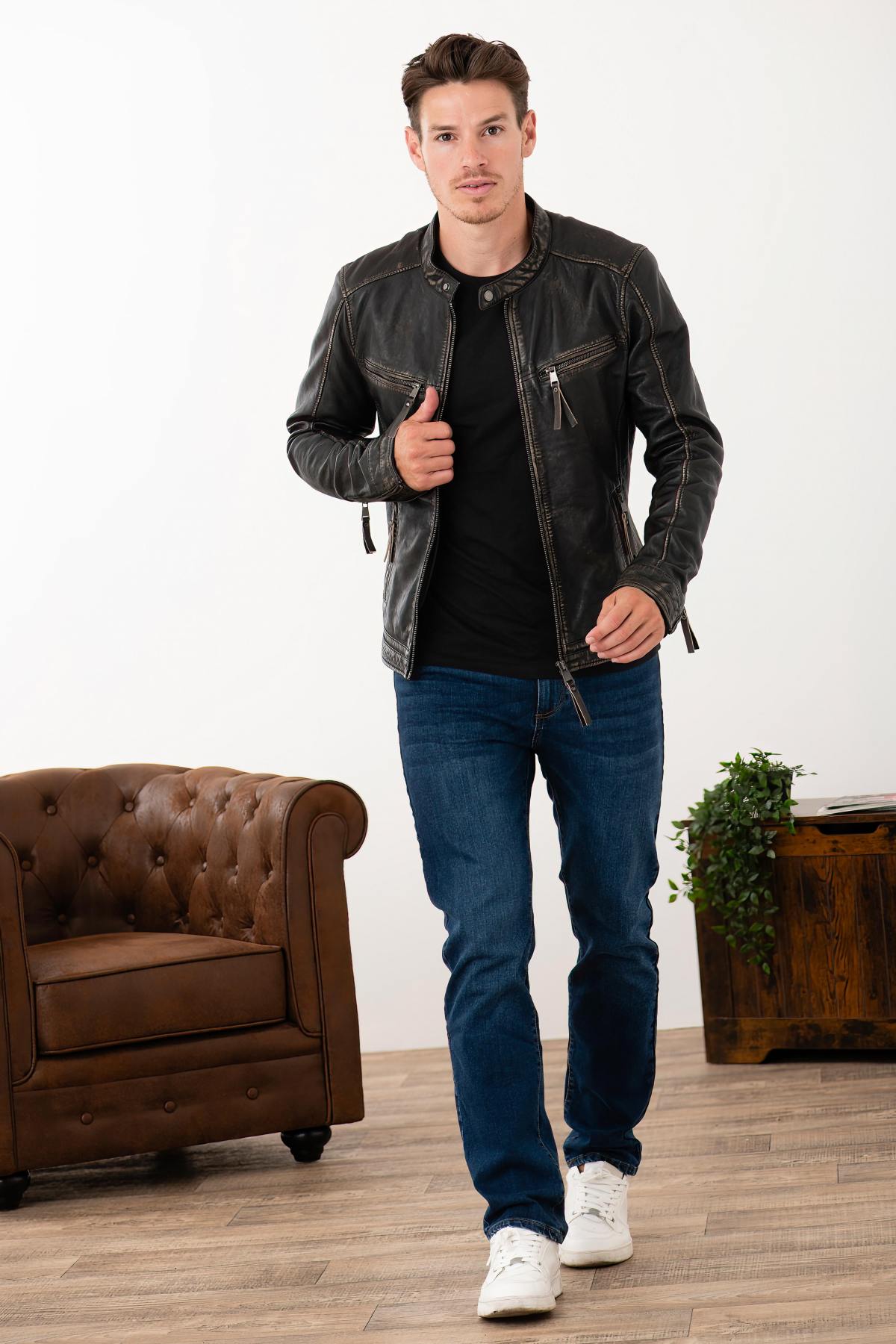 Distressed leather biker collar jacket - Image n°5