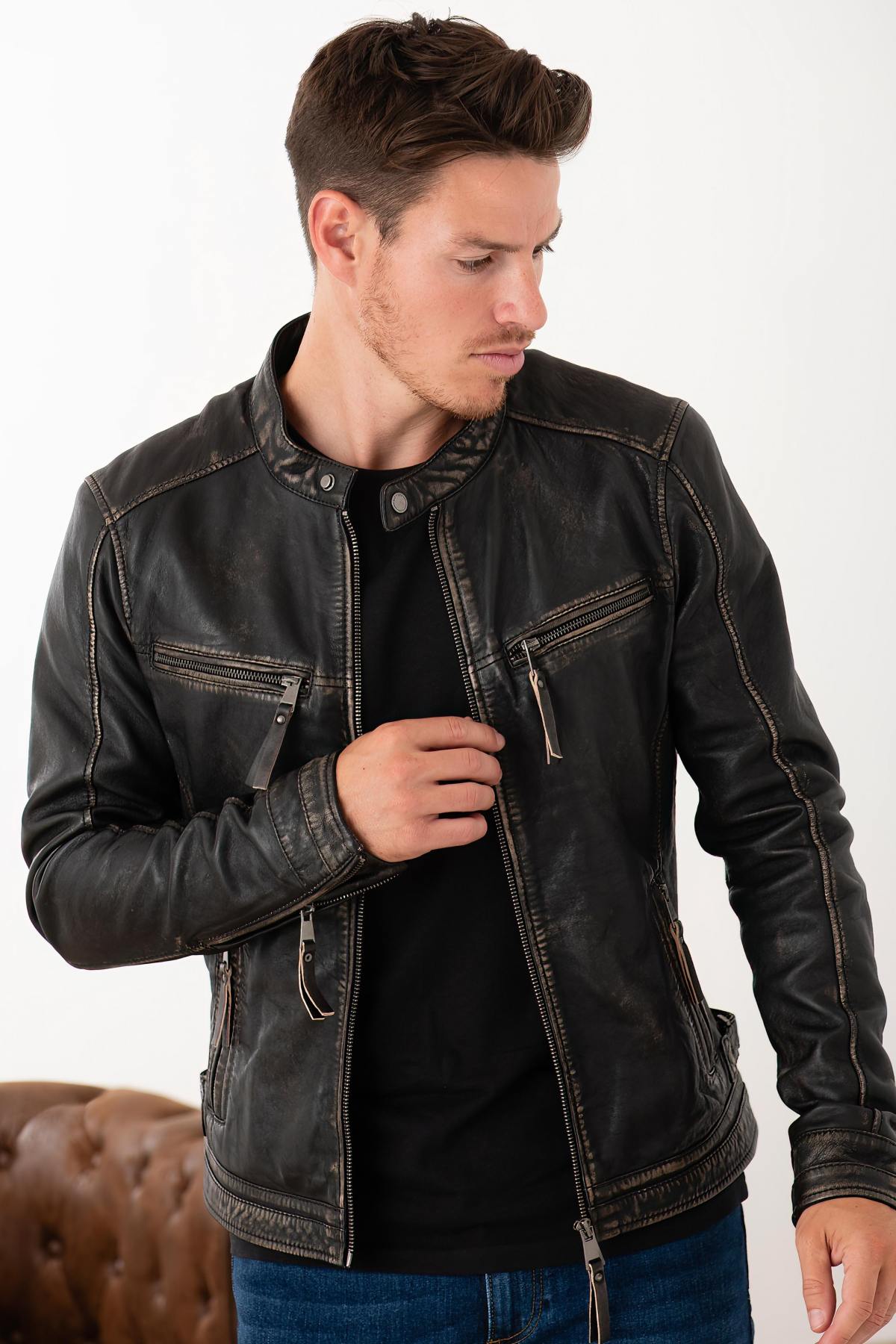 Distressed leather biker collar jacket - Image n°7