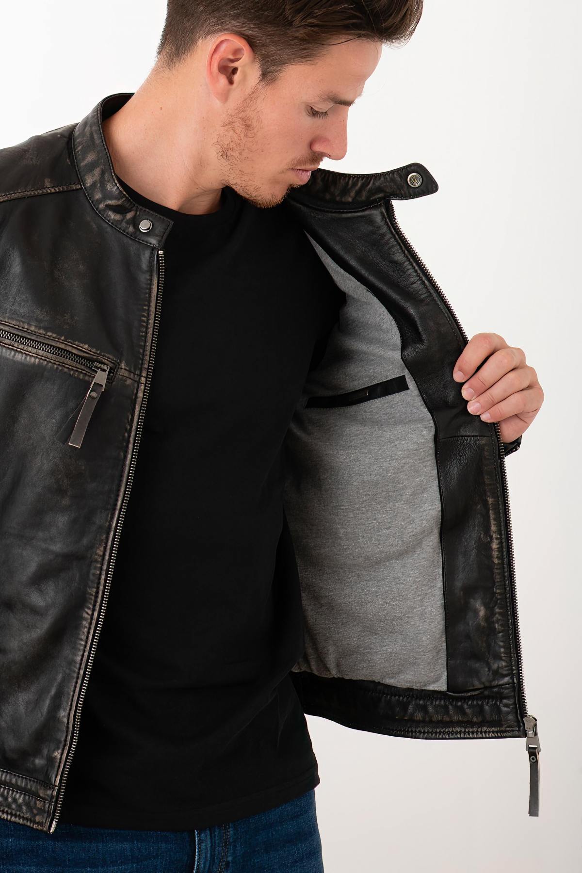 Distressed leather biker collar jacket - Image n°6