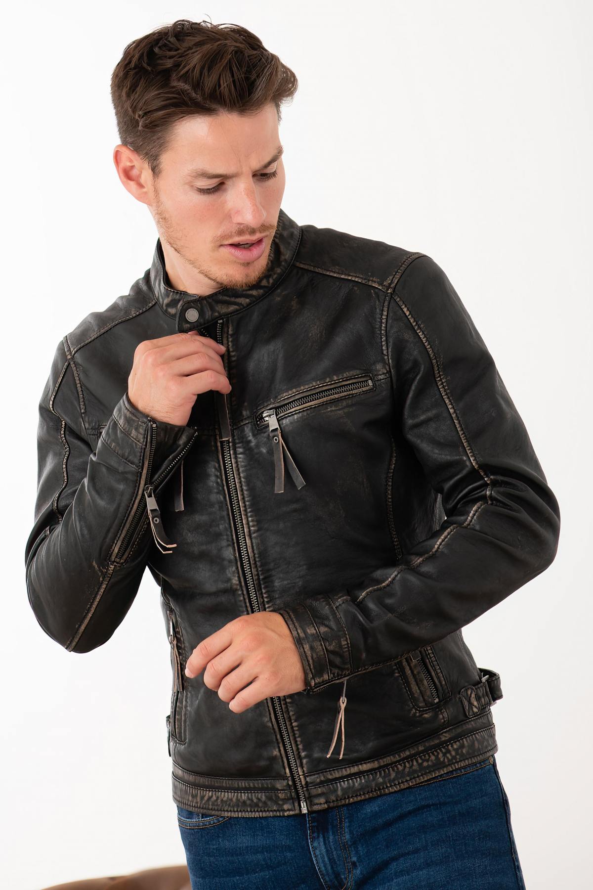 Distressed leather biker collar jacket - Image n°3