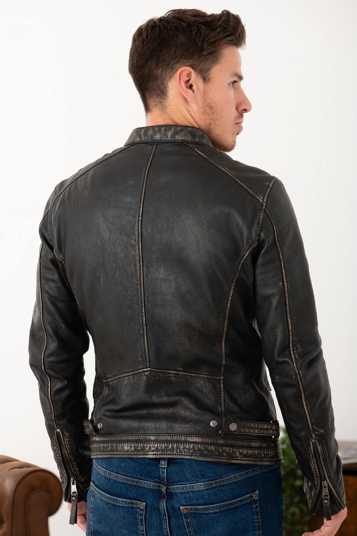 Distressed leather biker collar jacket - Image n°4