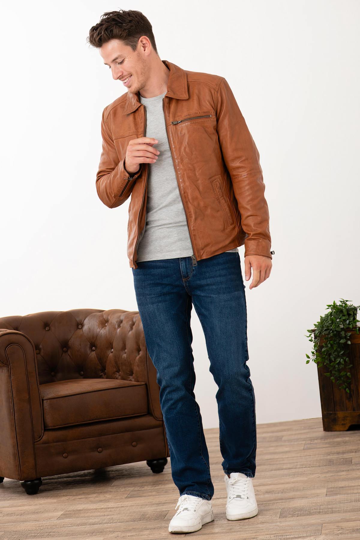 Camel vegetable-tanned leather jacket with shirt collar - Image n°2