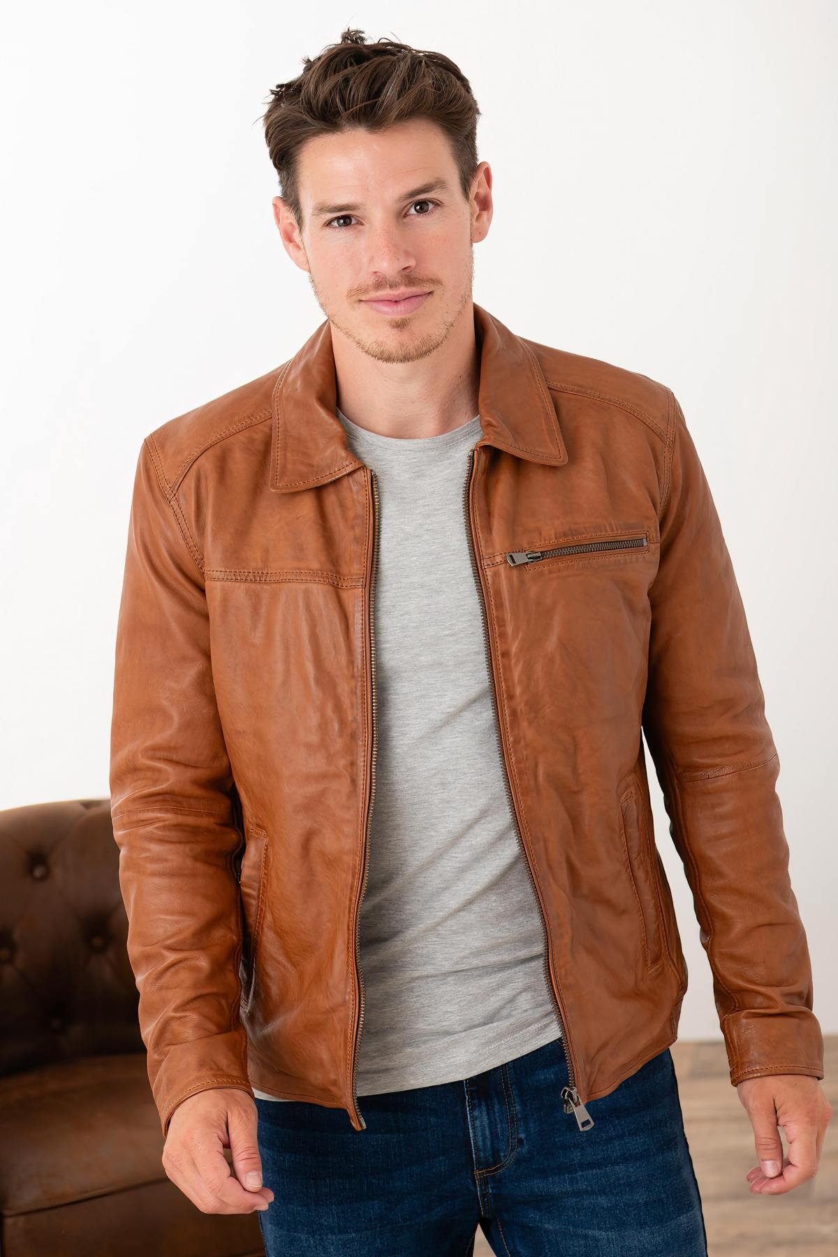 Camel vegetable-tanned leather jacket with shirt collar - Image n°1