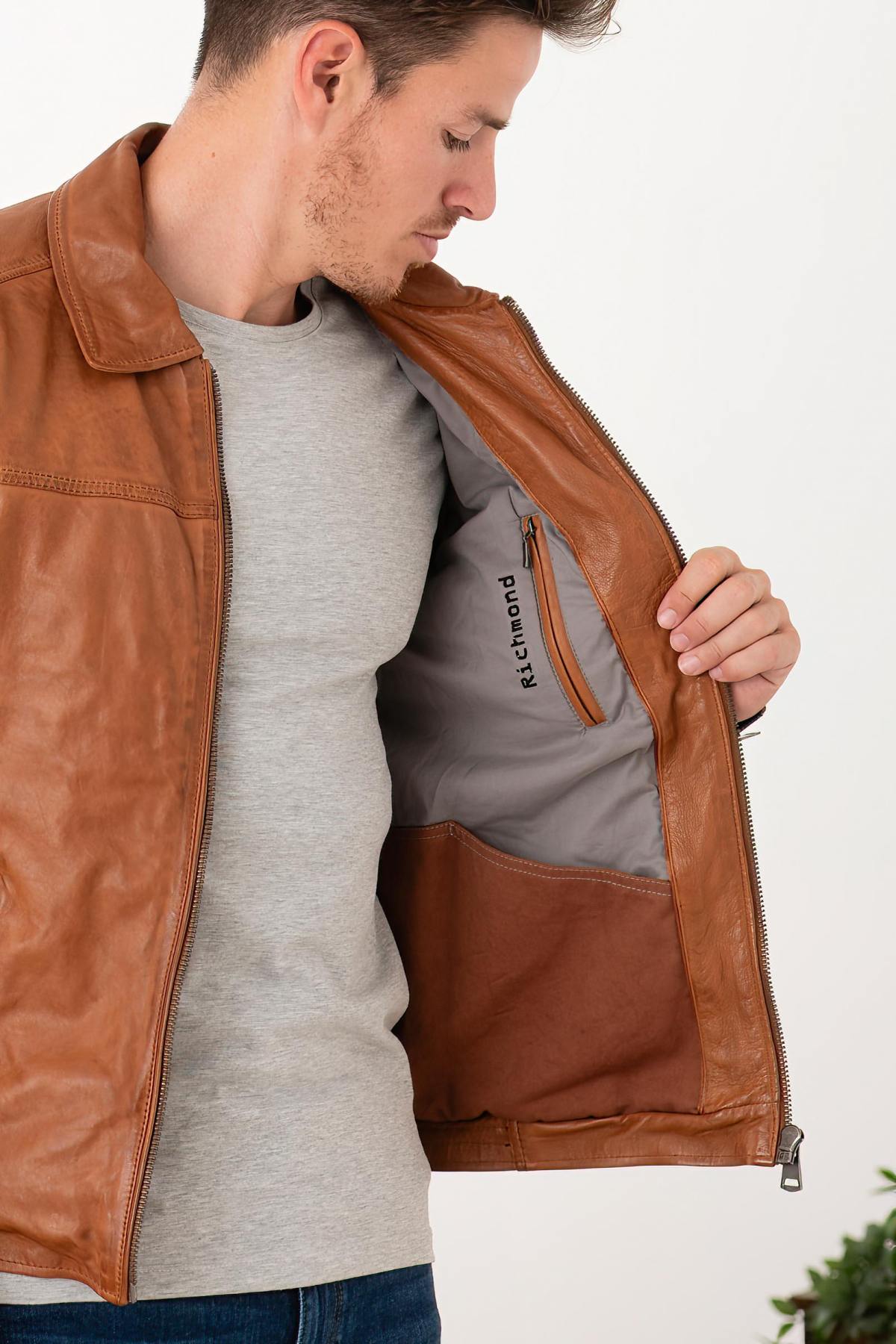 Camel vegetable-tanned leather jacket with shirt collar - Image n°6