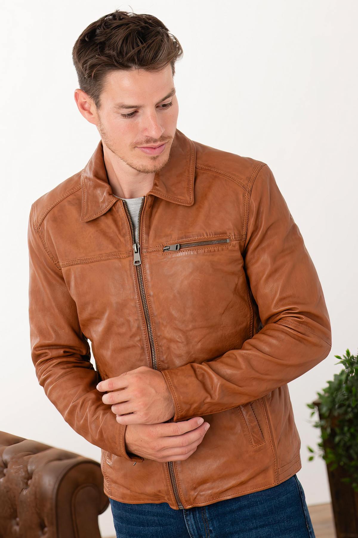 Camel vegetable-tanned leather jacket with shirt collar - Image n°3