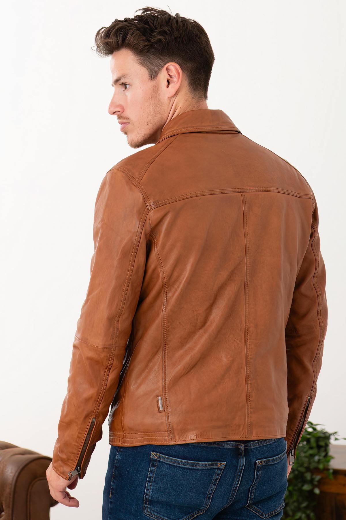 Camel vegetable-tanned leather jacket with shirt collar - Image n°4