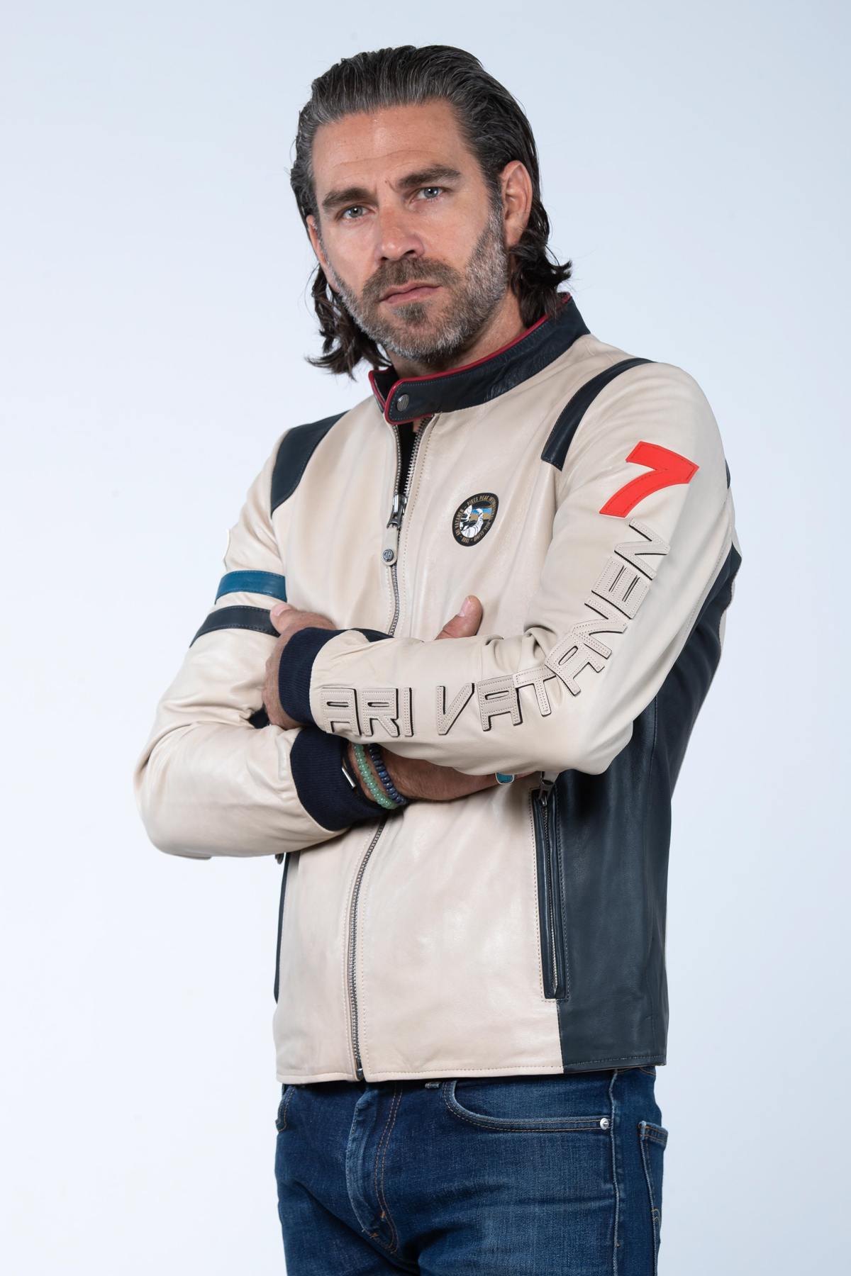 Ari Vatanen ecru racing leather jacket - Image n°3