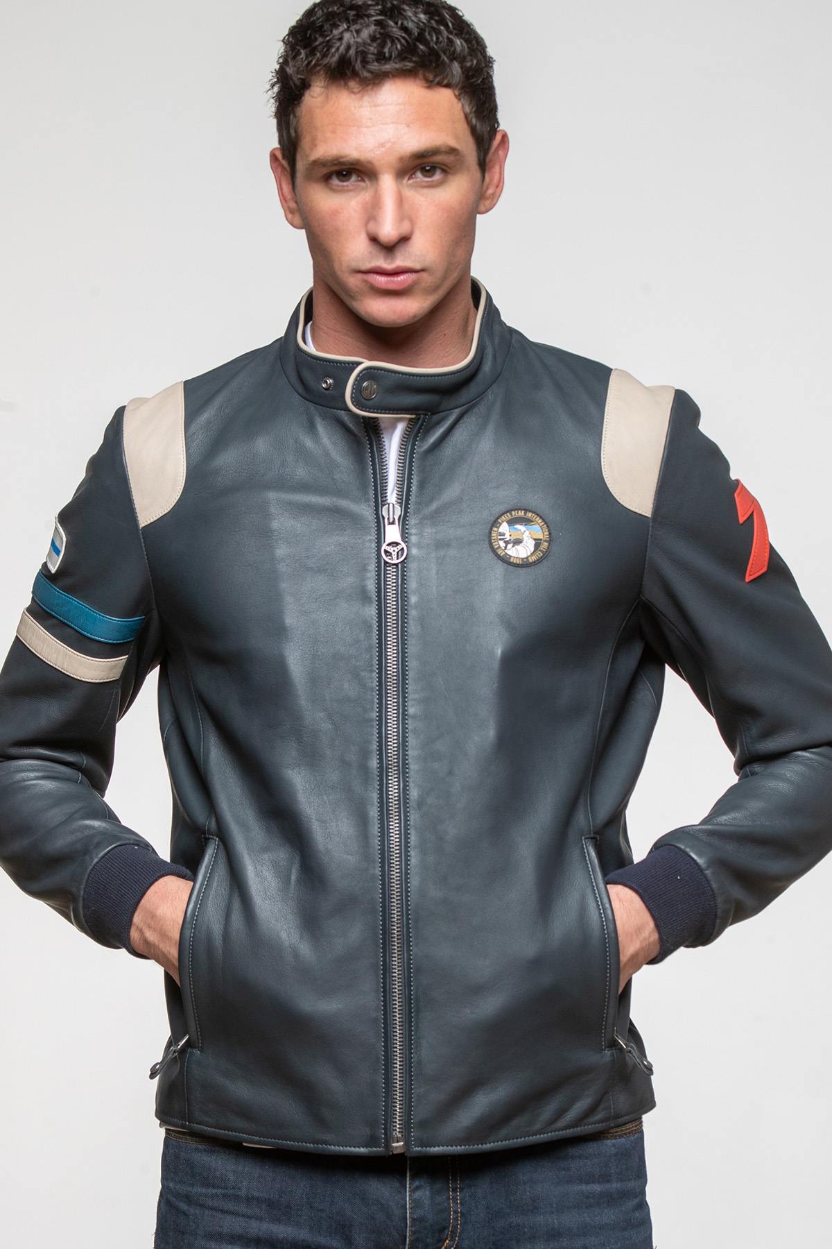 Ari Vatanen navy blue racing leather jacket - Image n°4