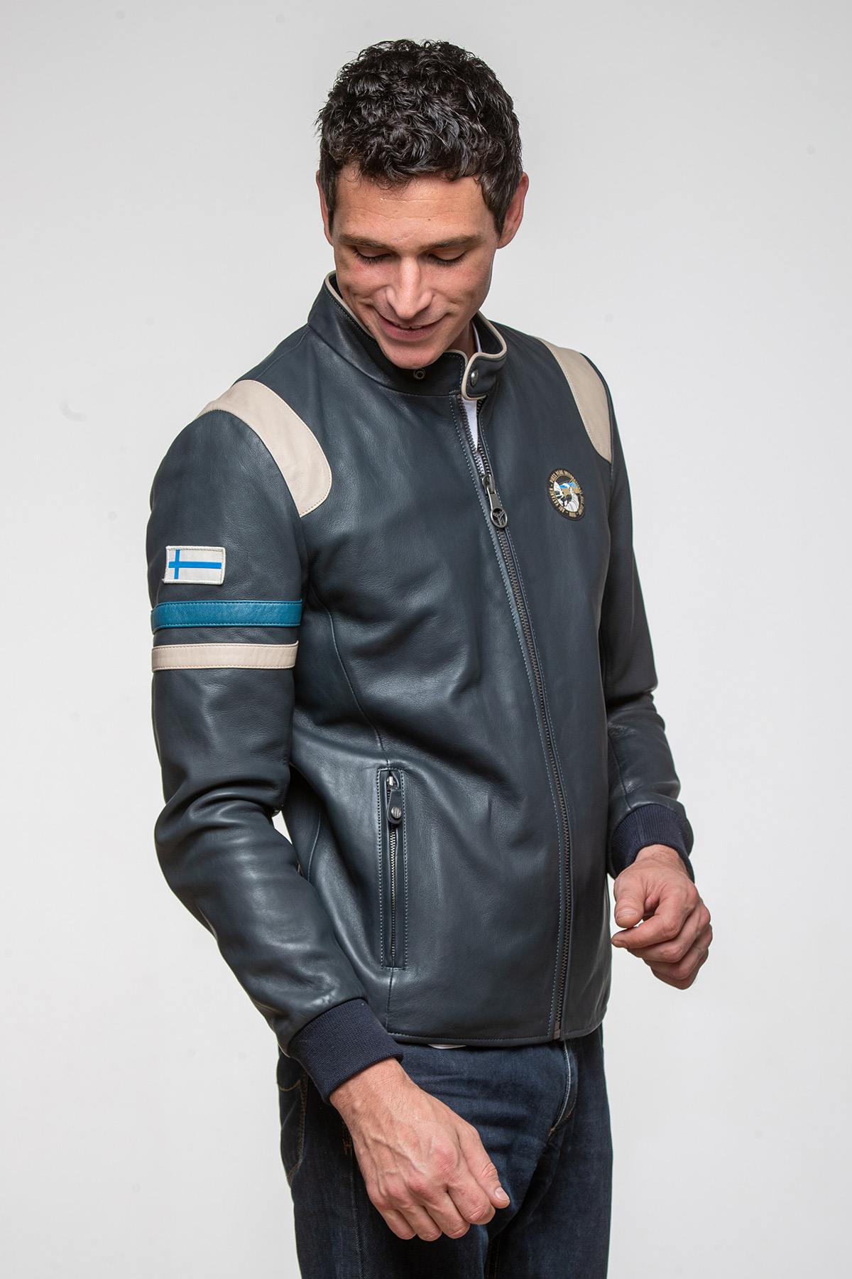 Ari Vatanen navy blue racing leather jacket - Image n°7