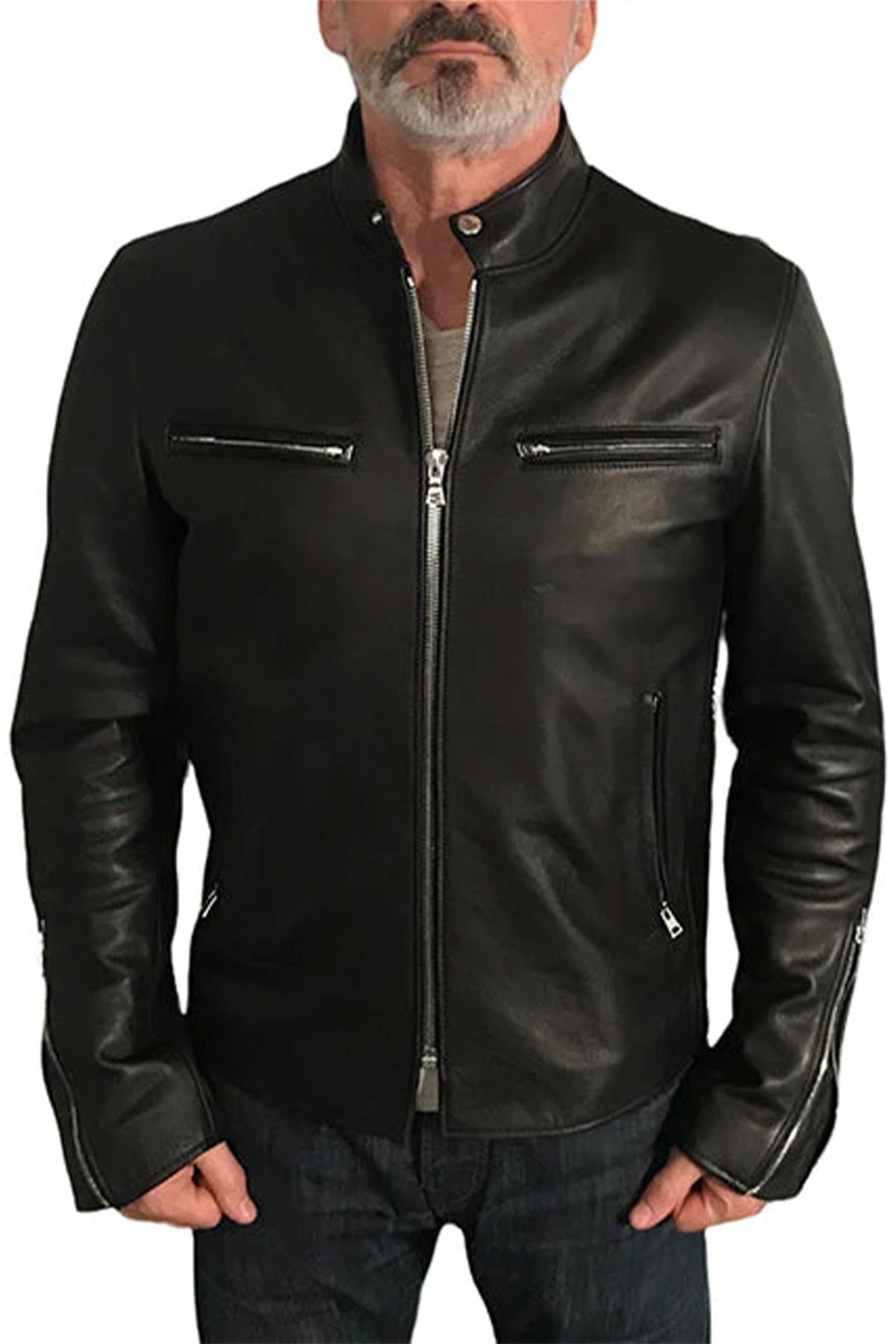 Leather jacket with biker collar, iconic model - Image n°2