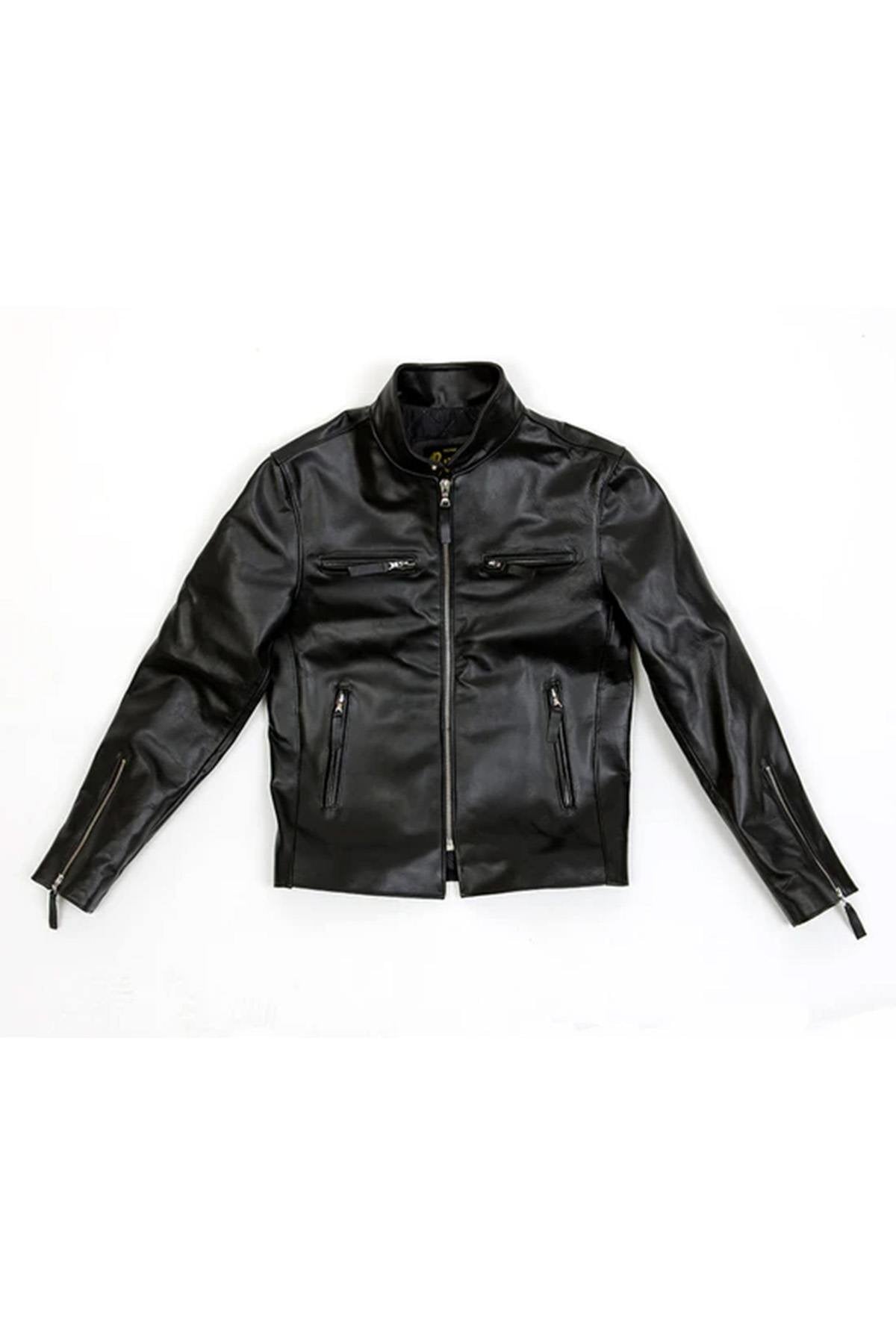 Leather jacket with biker collar, iconic model - Image n°1