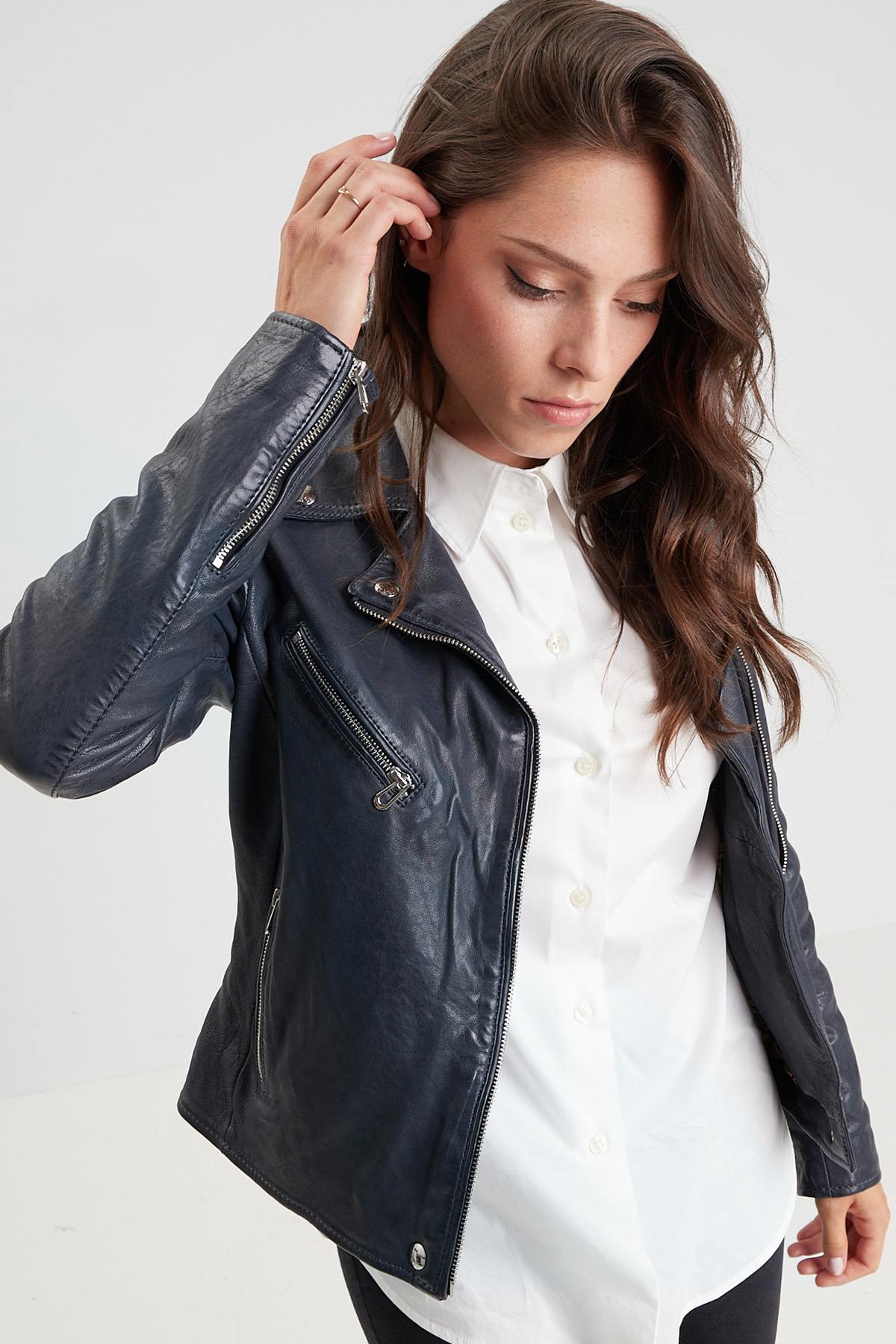 Navy blue perf style leather jacket - Image n°1