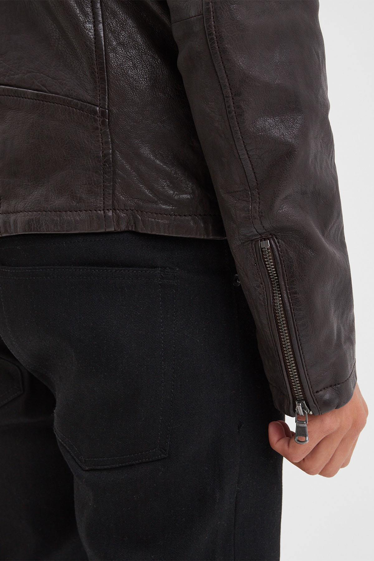 Dark brown biker collar leather jacket - Image n°7