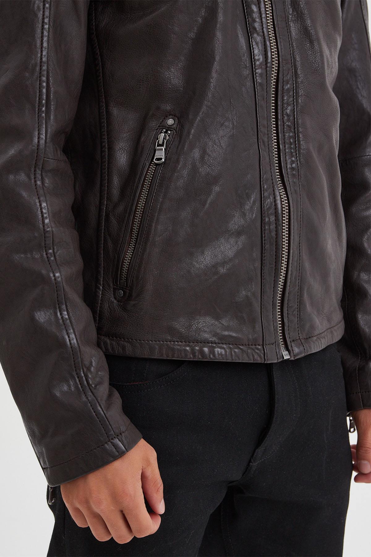 Dark brown biker collar leather jacket - Image n°6