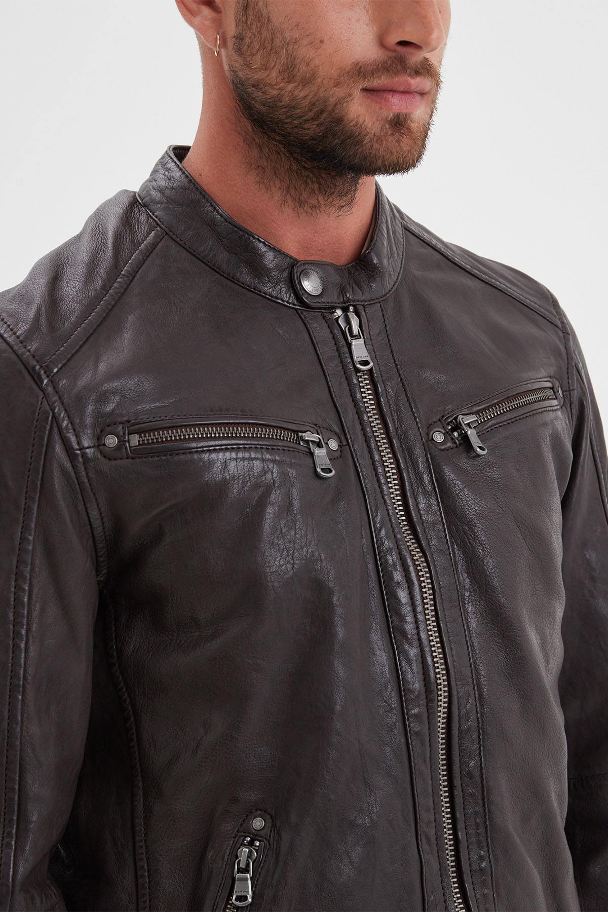 Dark brown biker collar leather jacket - Image n°3