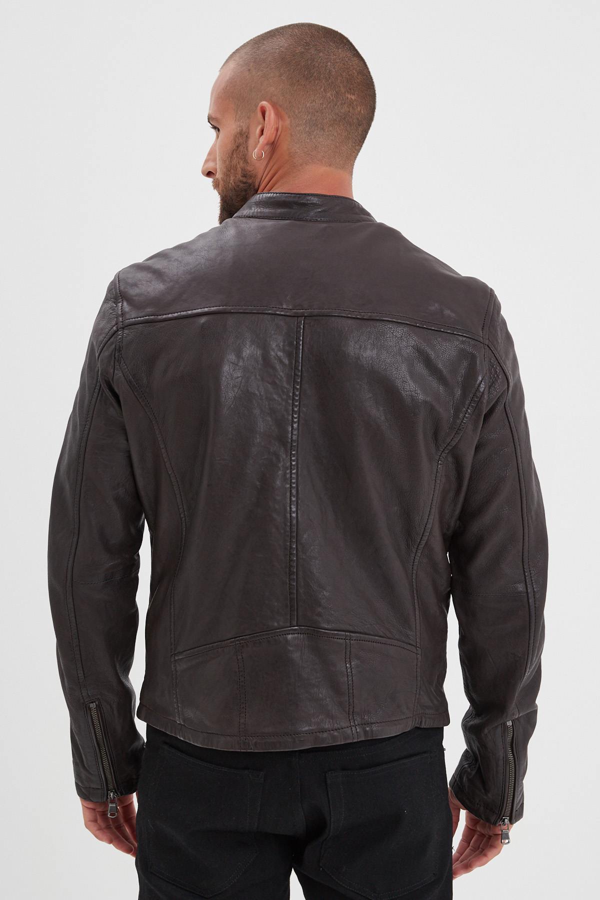 Dark brown biker collar leather jacket - Image n°5