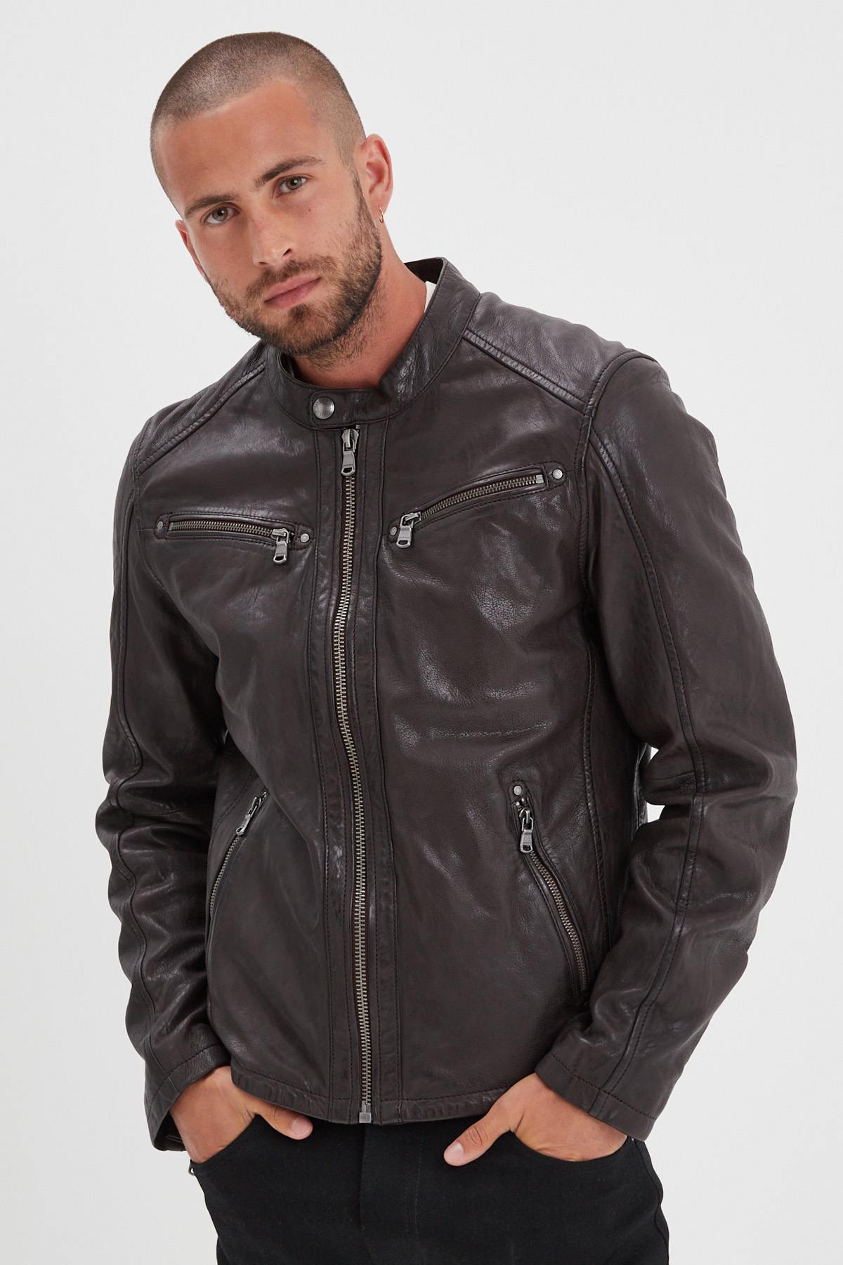 Dark brown biker collar leather jacket - Image n°1