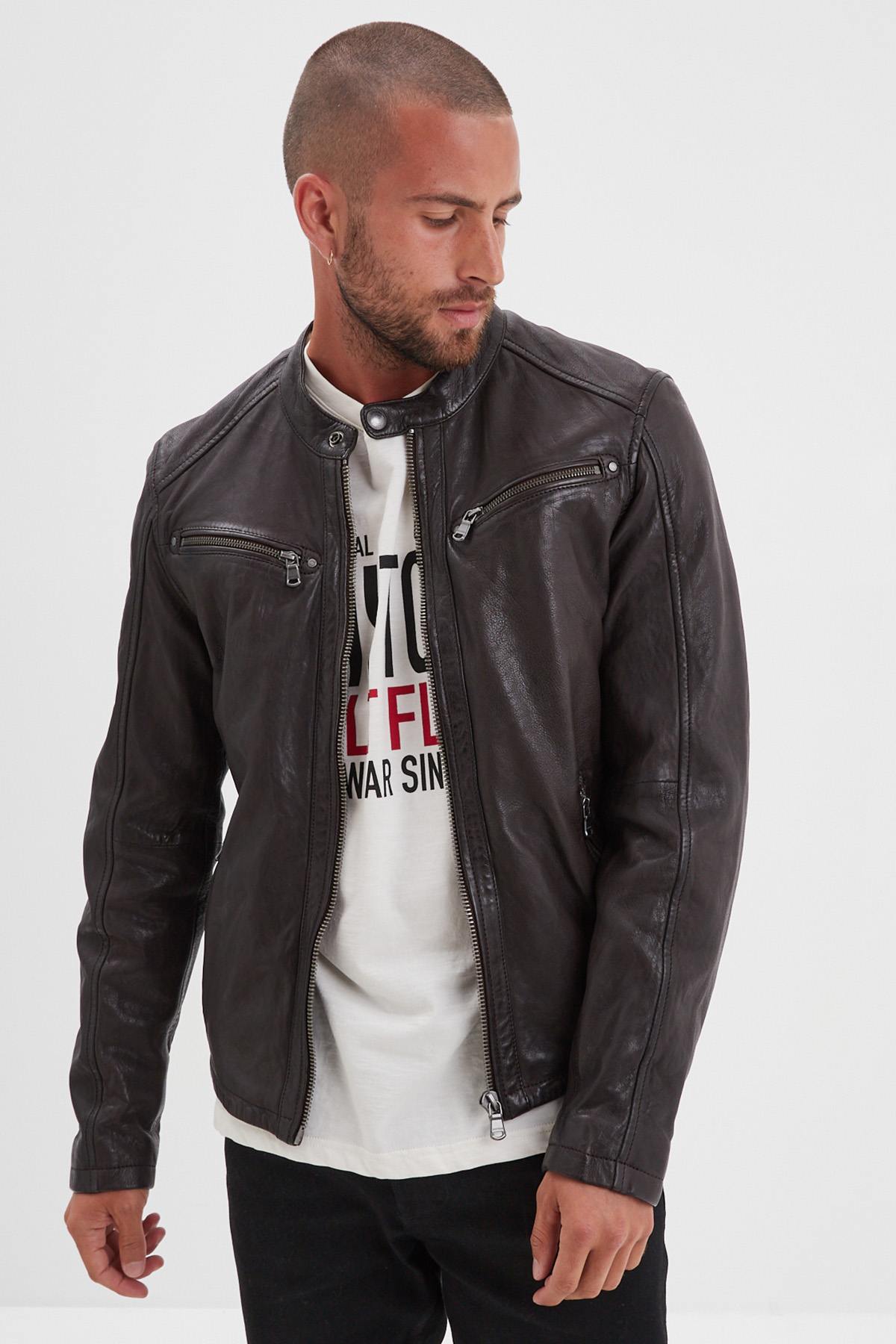 Dark brown biker collar leather jacket - Image n°4